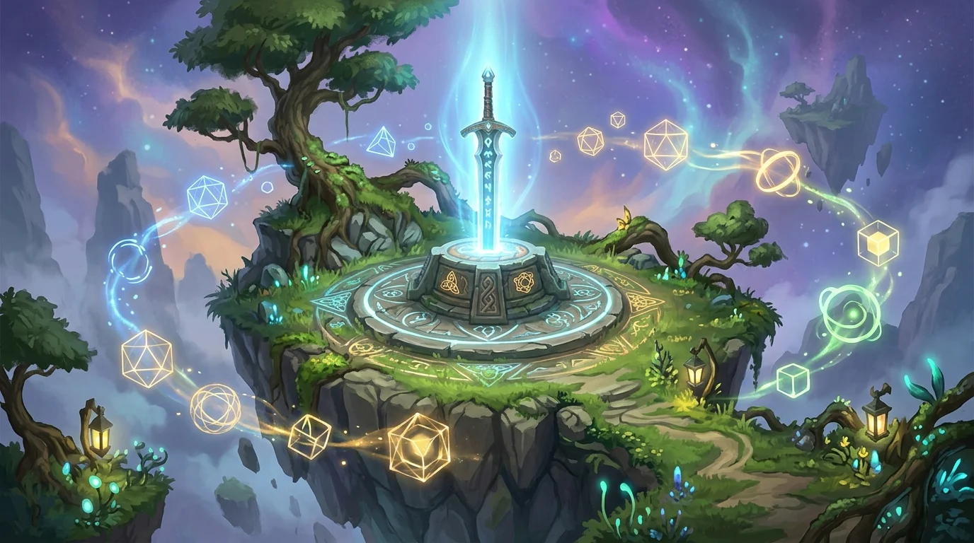 A conceptual digital illustration of a glowing sword on a floating island.