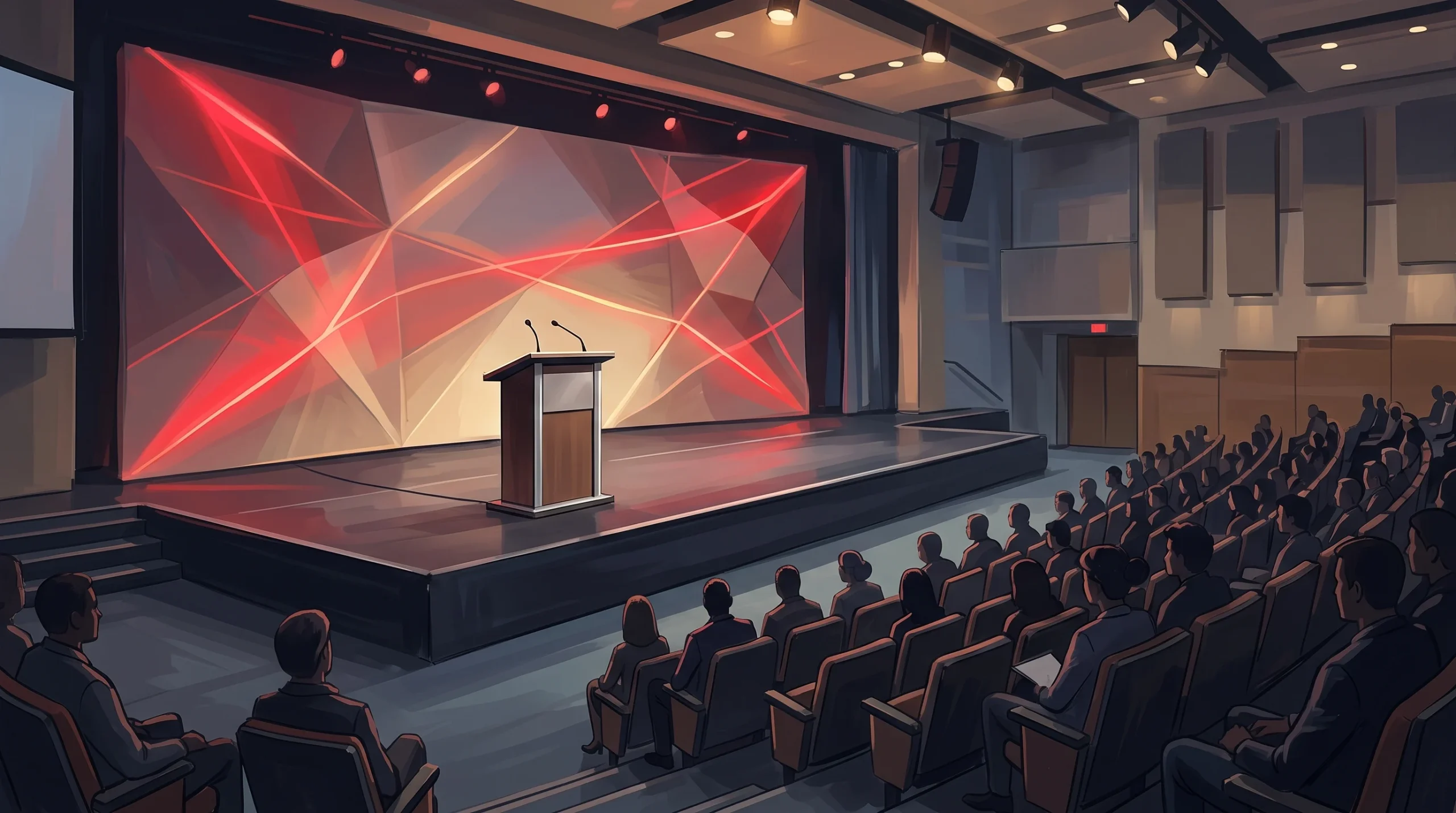 A conceptual illustration of a political conference stage with red lighting.