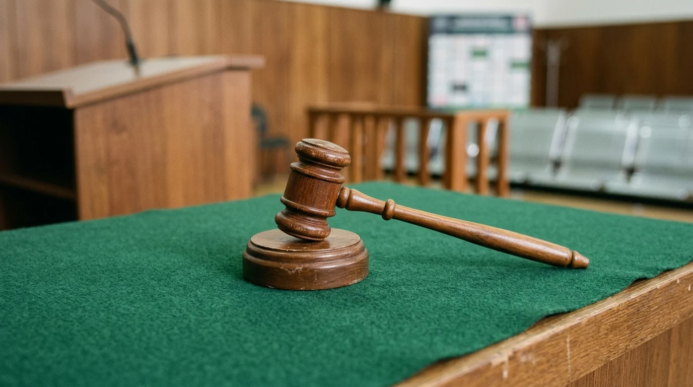 A wooden gavel on a green surface.
