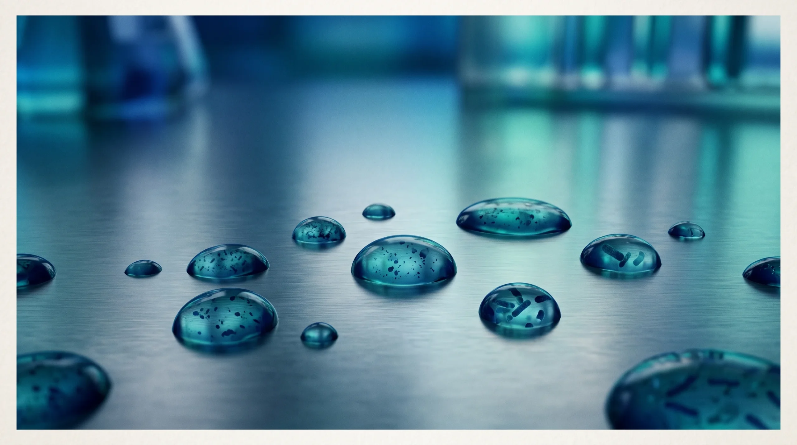 Conceptual illustration of water droplets on a blue metallic background.