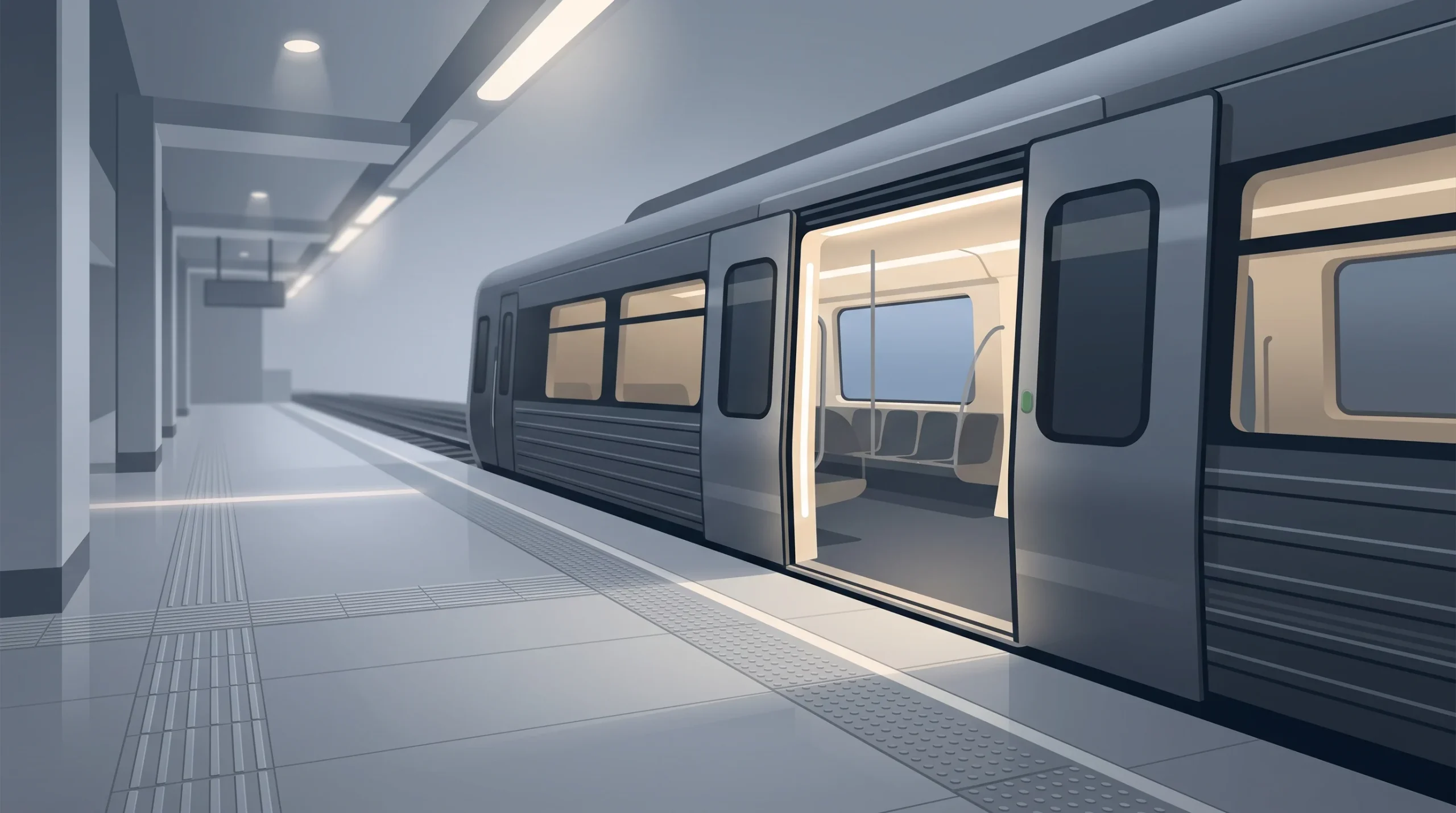 Conceptual illustration showing level boarding between a train and a station platform.