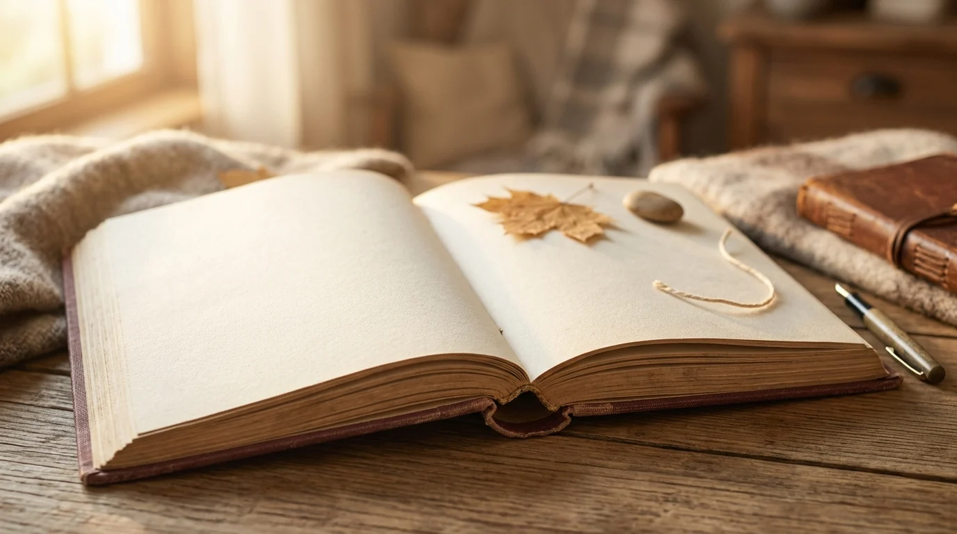 An open photo album with blank pages.