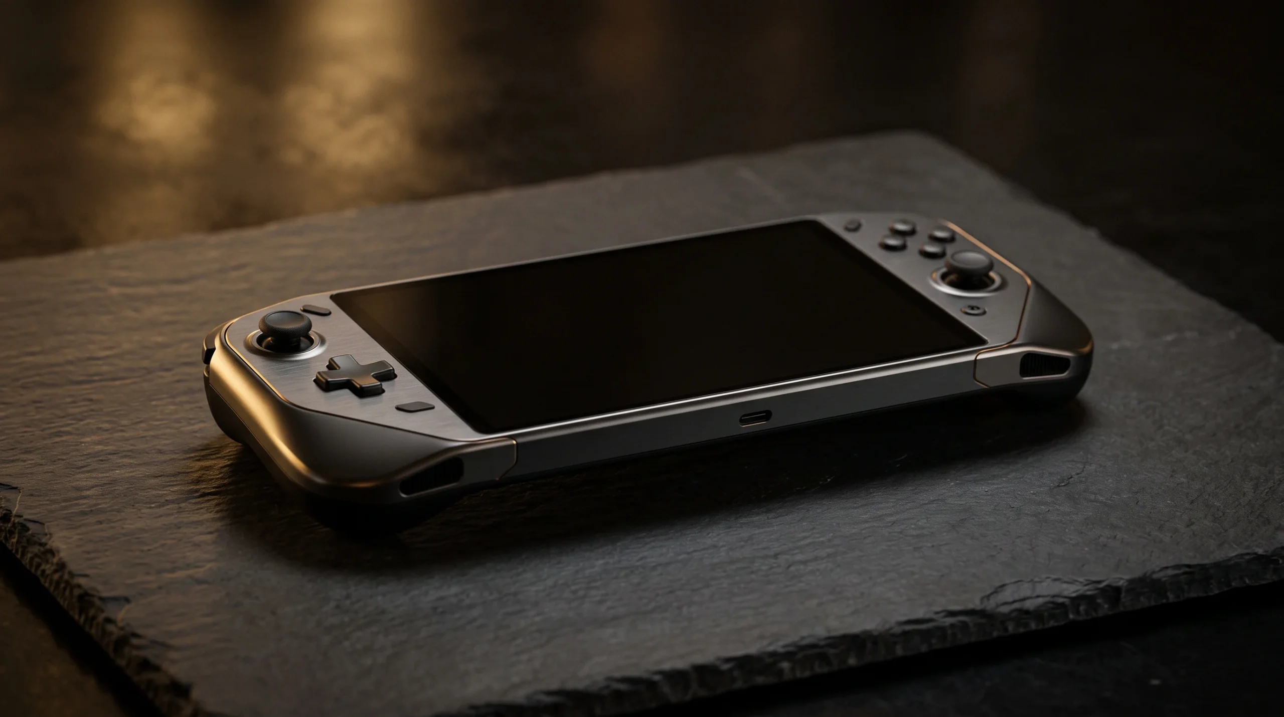 A conceptual close-up of a premium handheld games console with golden light accents.