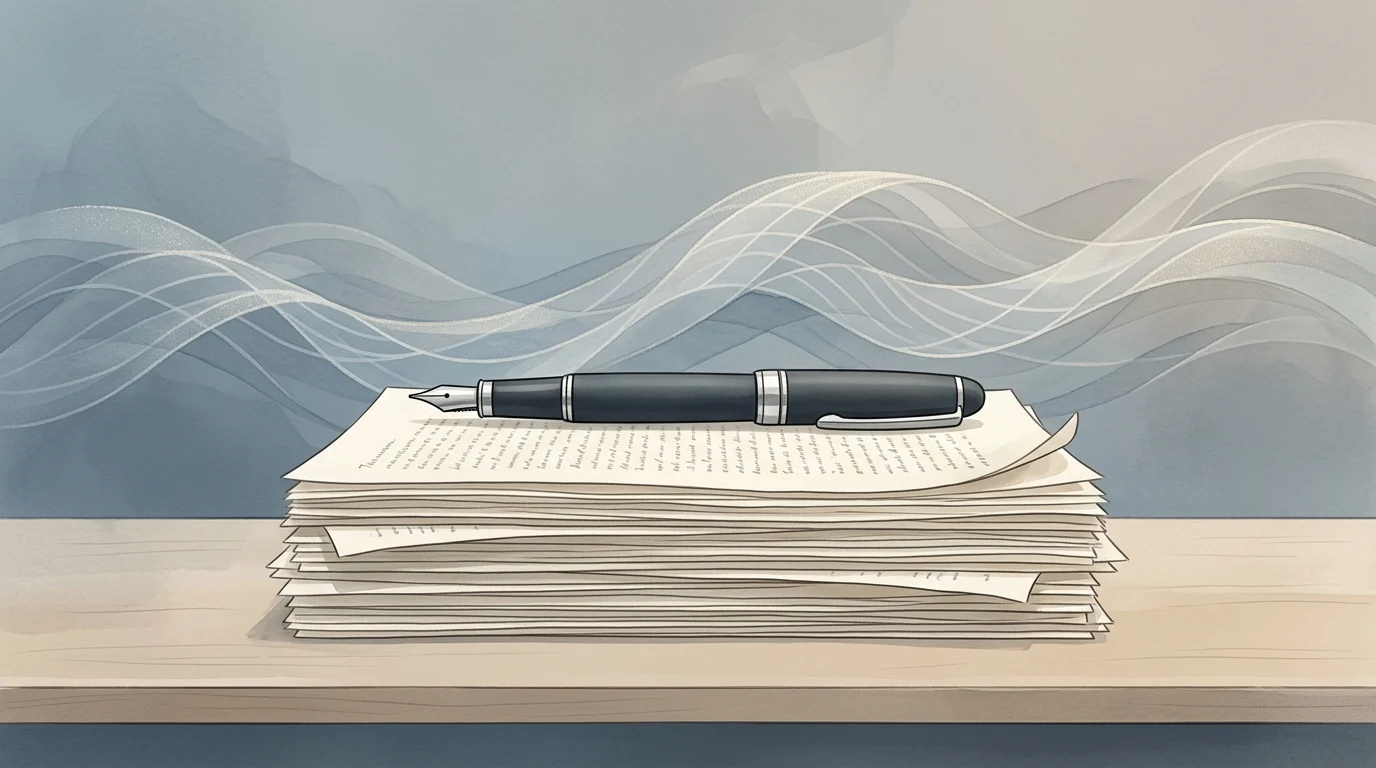 Conceptual illustration of manuscript pages and a pen.