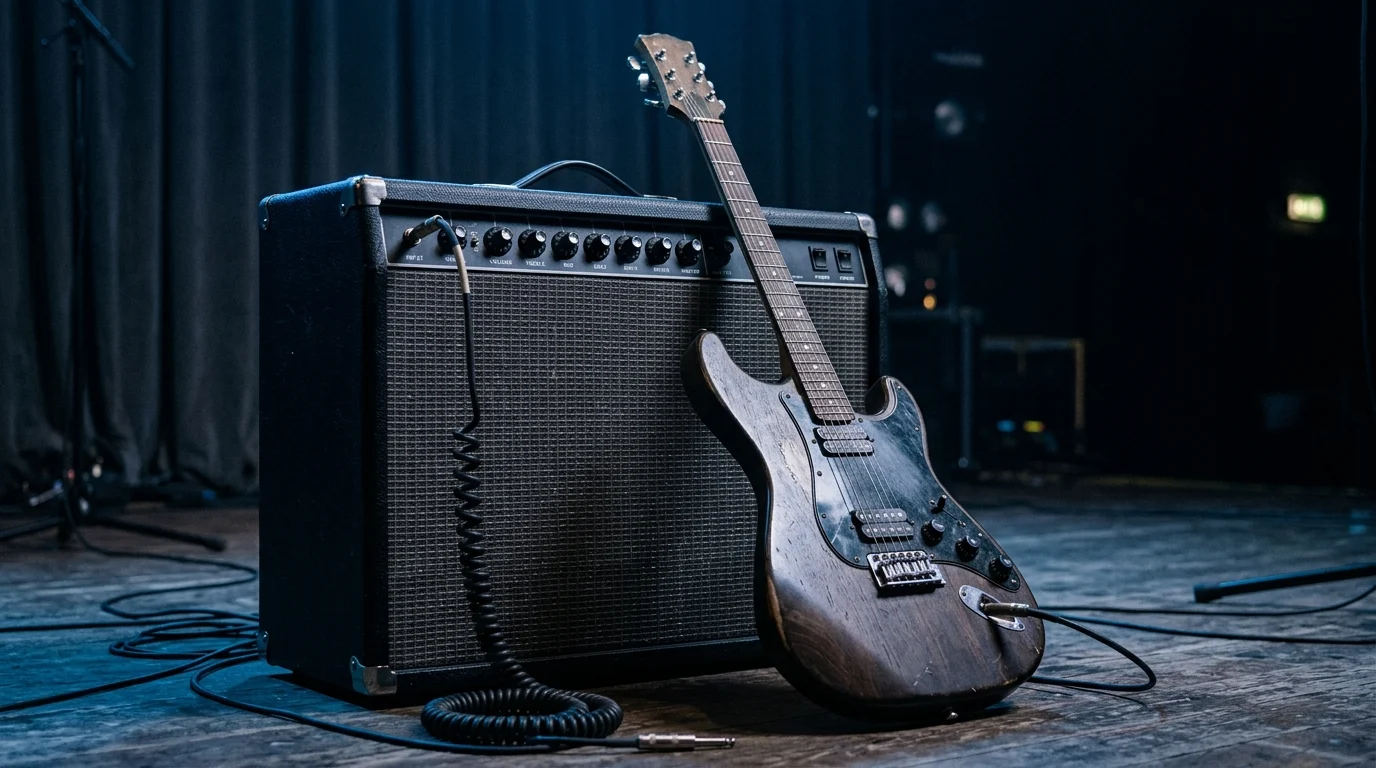 A close-up of music equipment on a darkened stage.