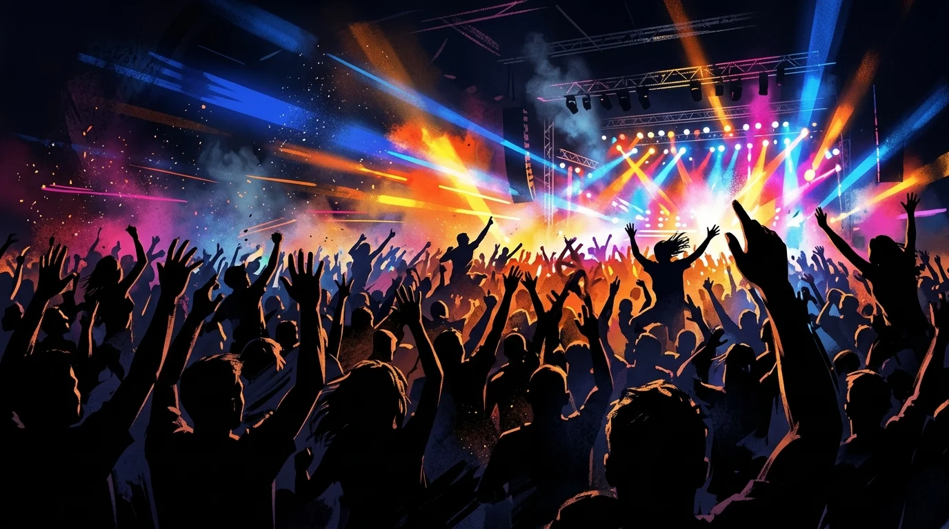 Conceptual illustration of concert stage lights and silhouettes.