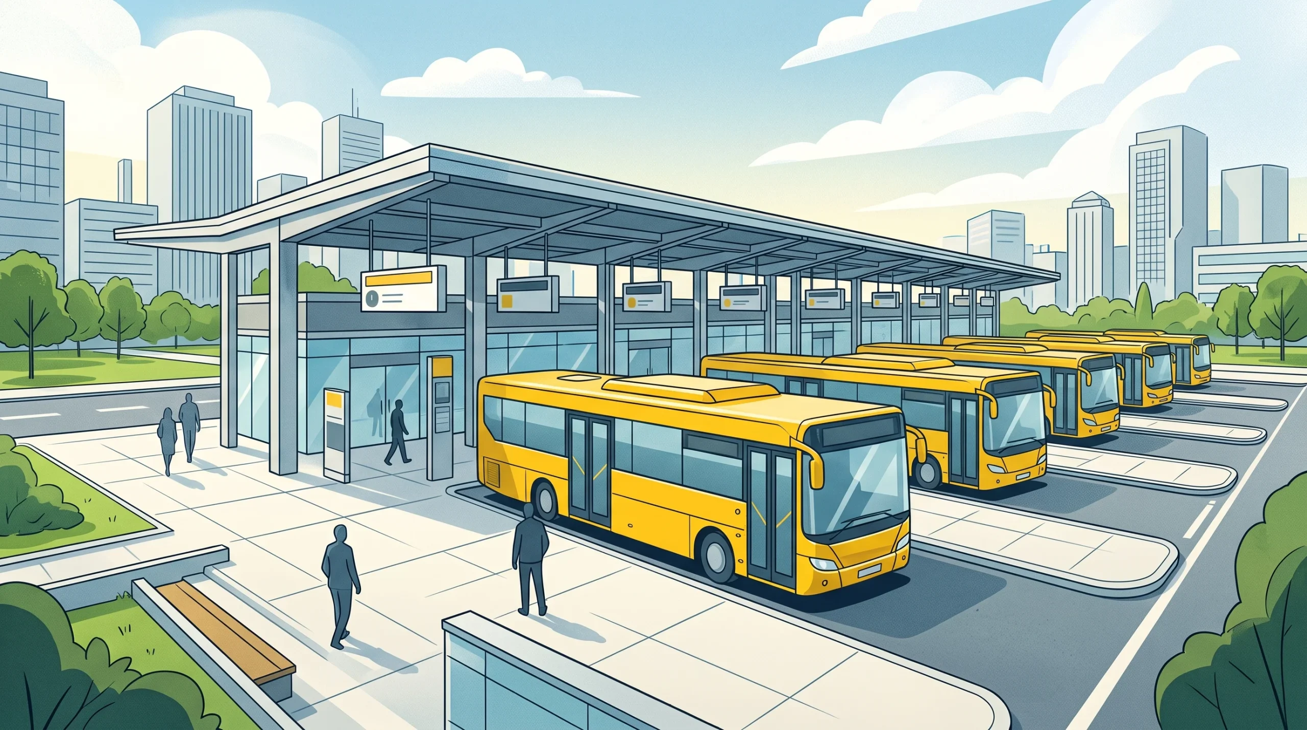 A row of modern yellow buses at a city transport hub.