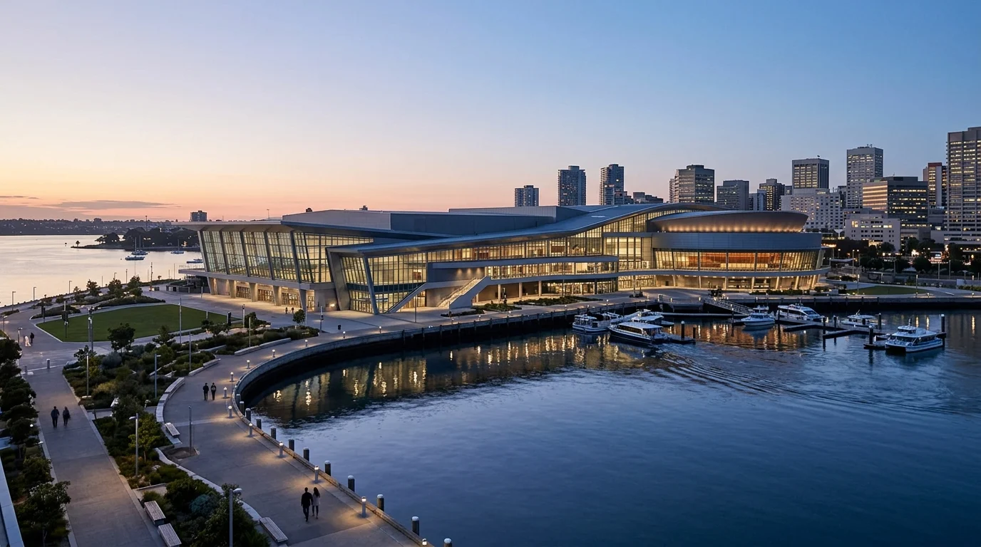 The exterior of a large modern conference venue on the waterfront.