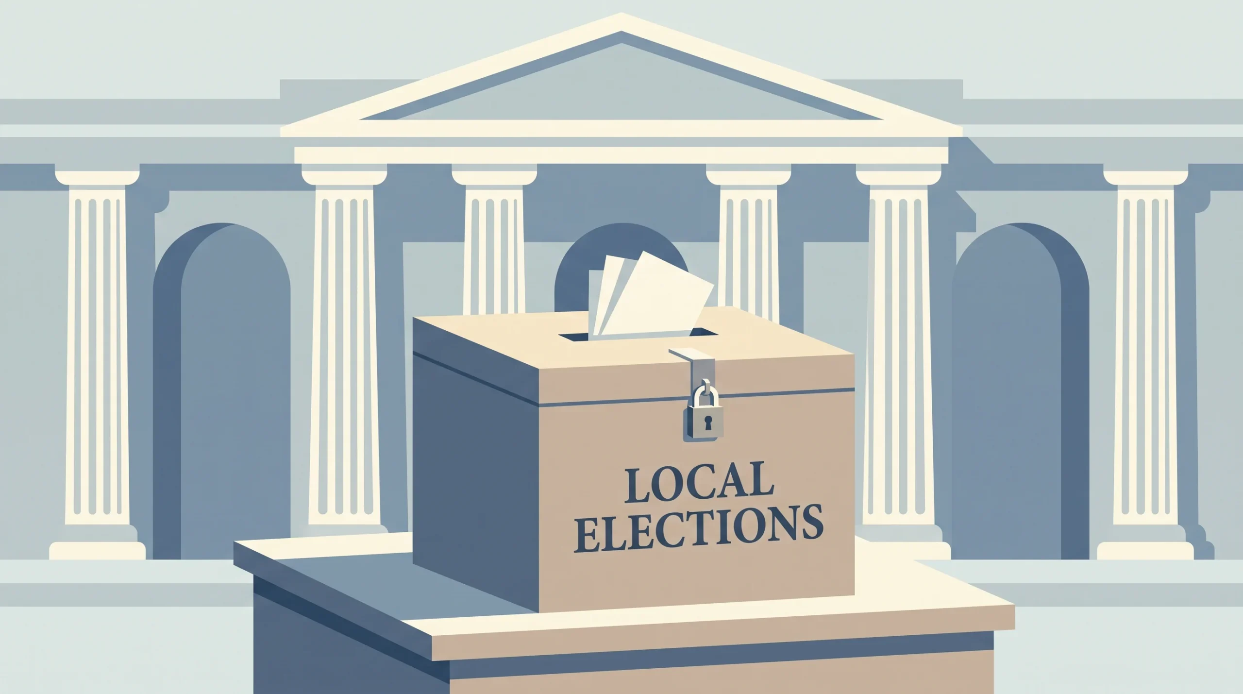 Conceptual illustration of a local election ballot box and government pillars.