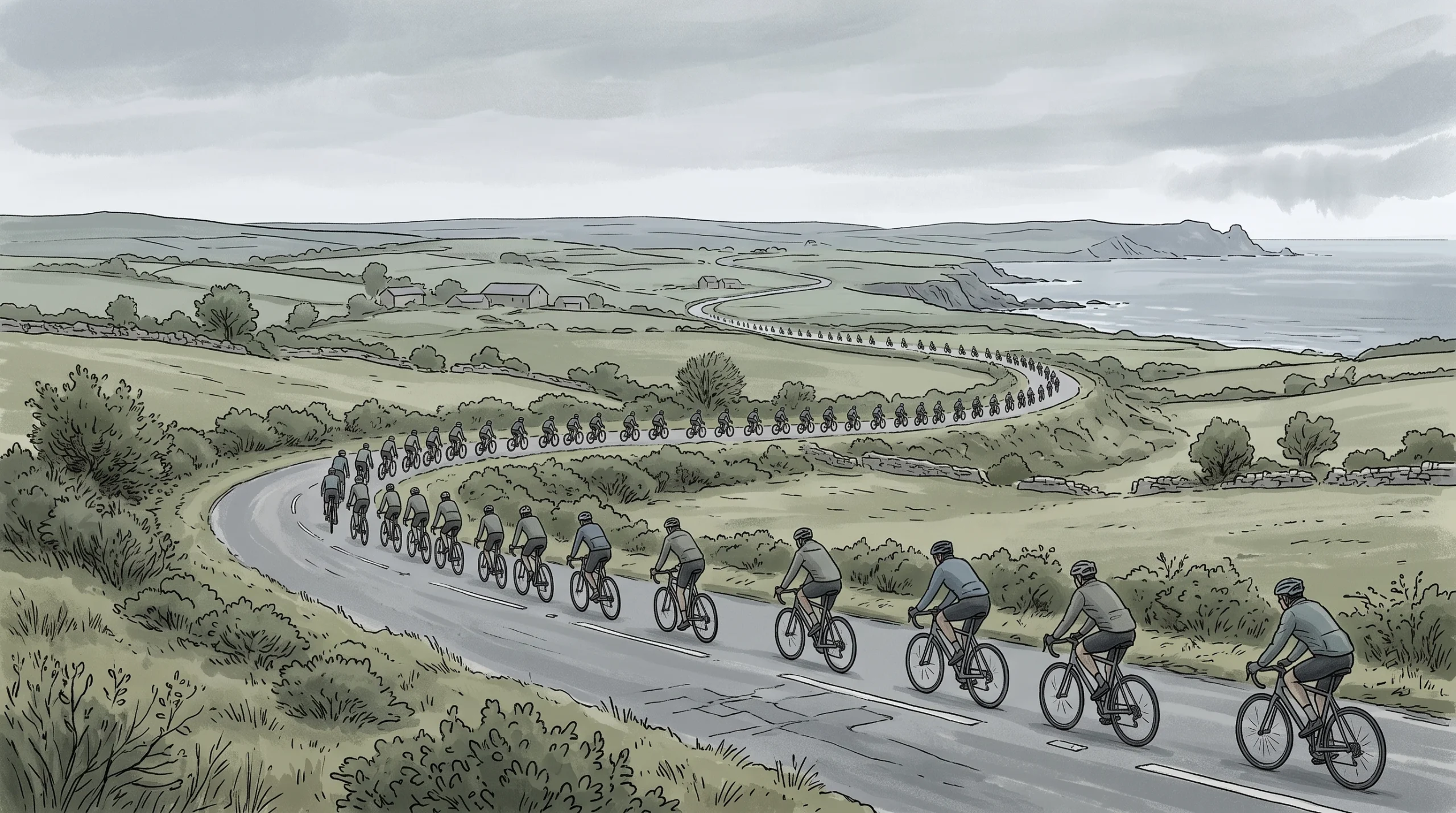 Conceptual illustration of a cycle ride through the English countryside towards the coast.