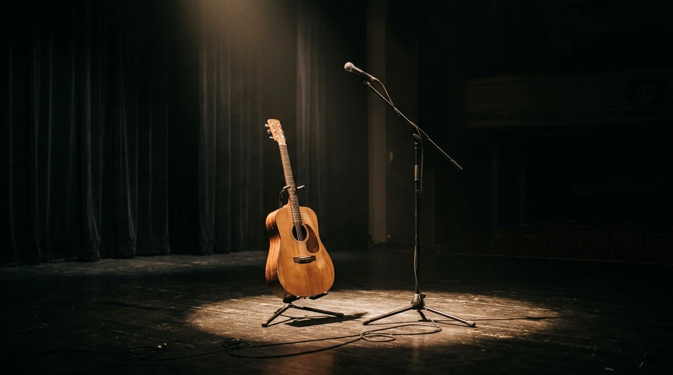 Conceptual image of a lone microphone stand on a dark stage.