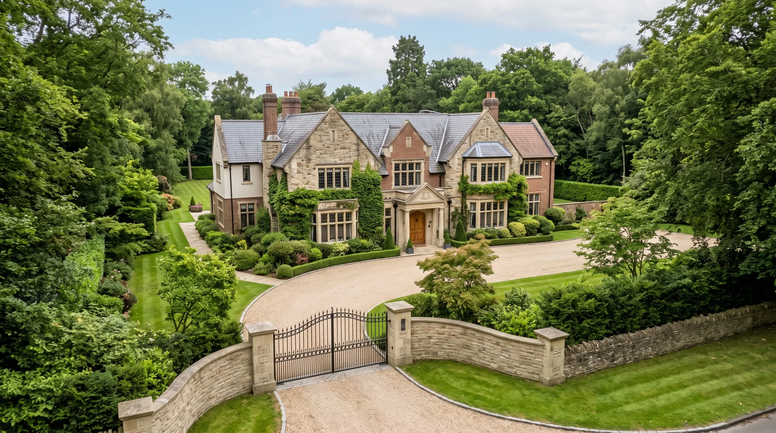 A large detached luxury house behind security gates in a prestigious residential area.