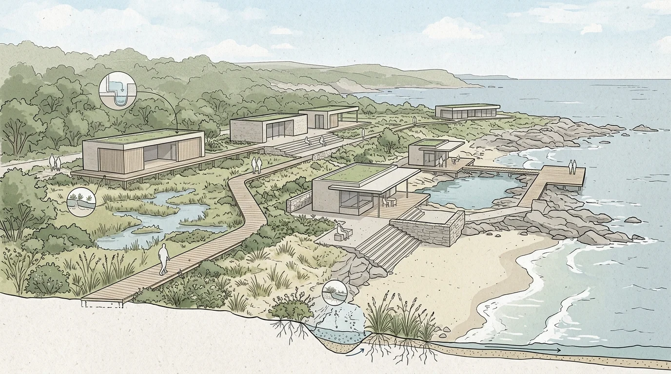 Conceptual architectural rendering of a coastal leisure development.