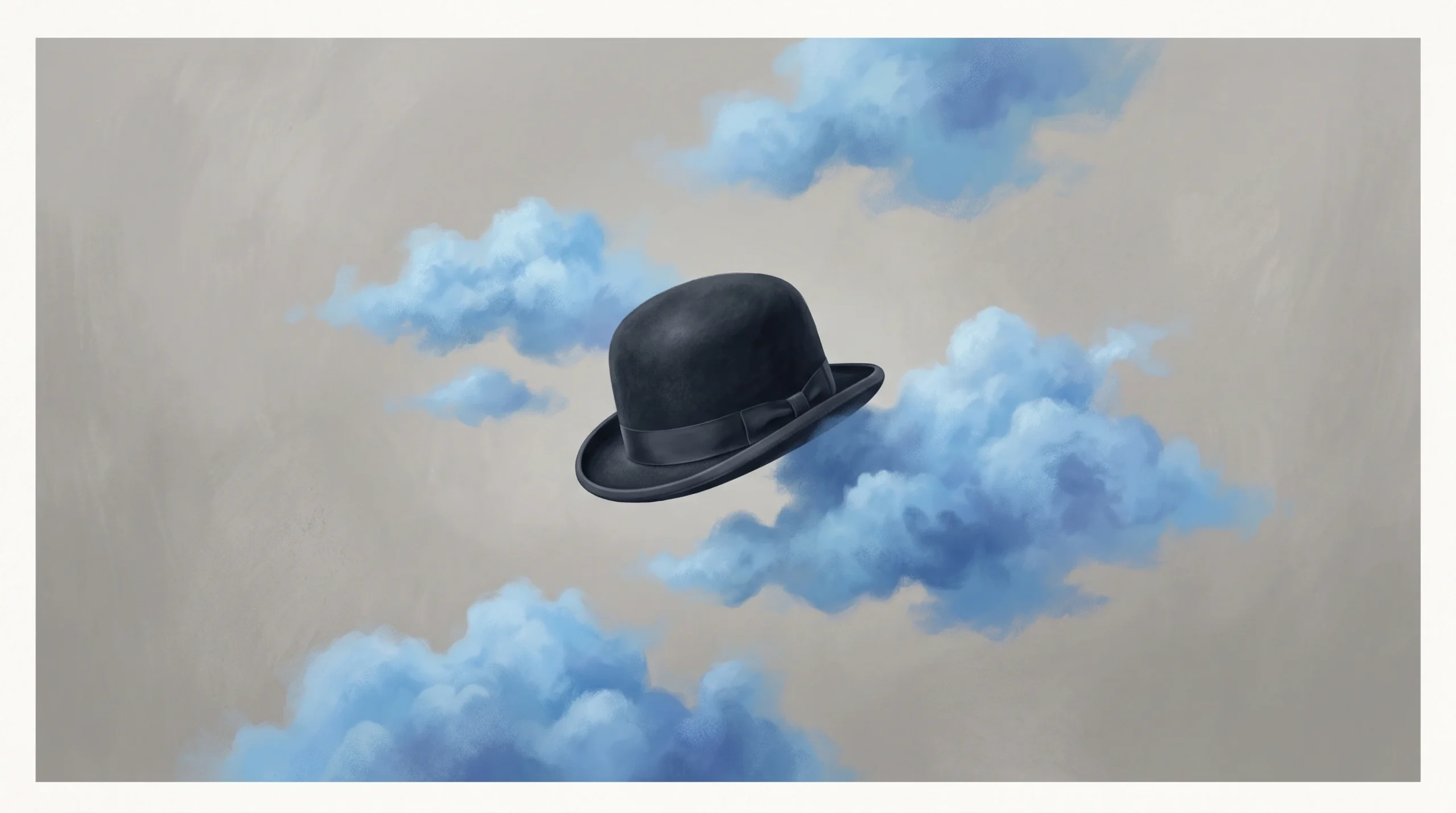 A conceptual surrealist illustration featuring a bowler hat and clouds
