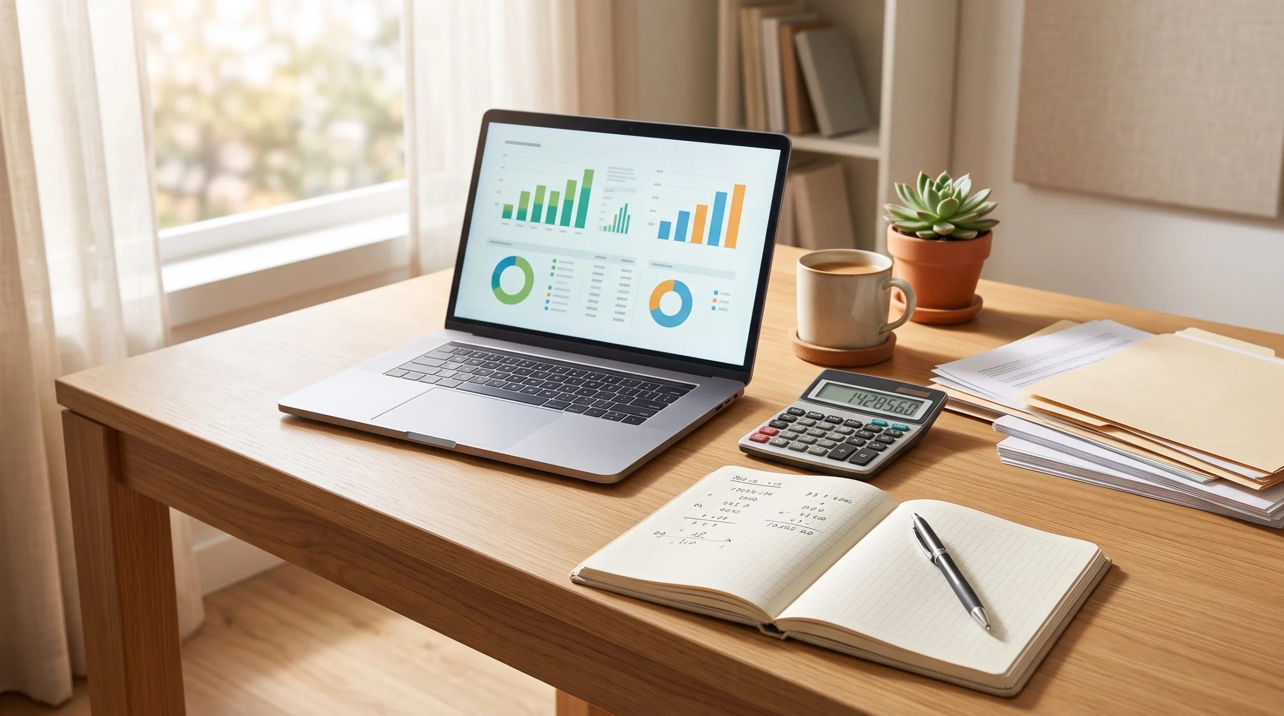 A clean home office desk with a laptop and calculator for tax planning.