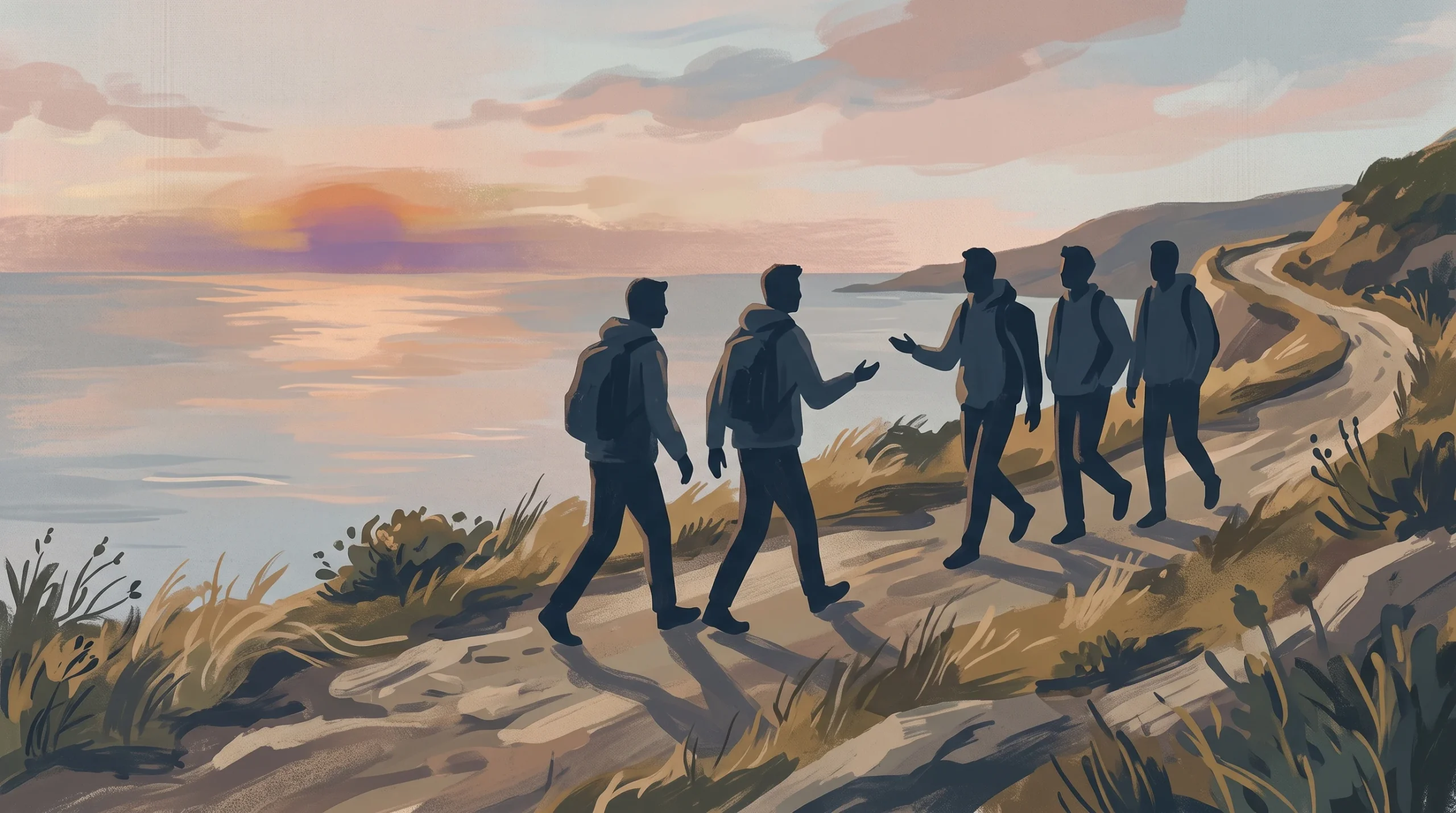 Silhouettes of men walking together on a coastal path at sunset.