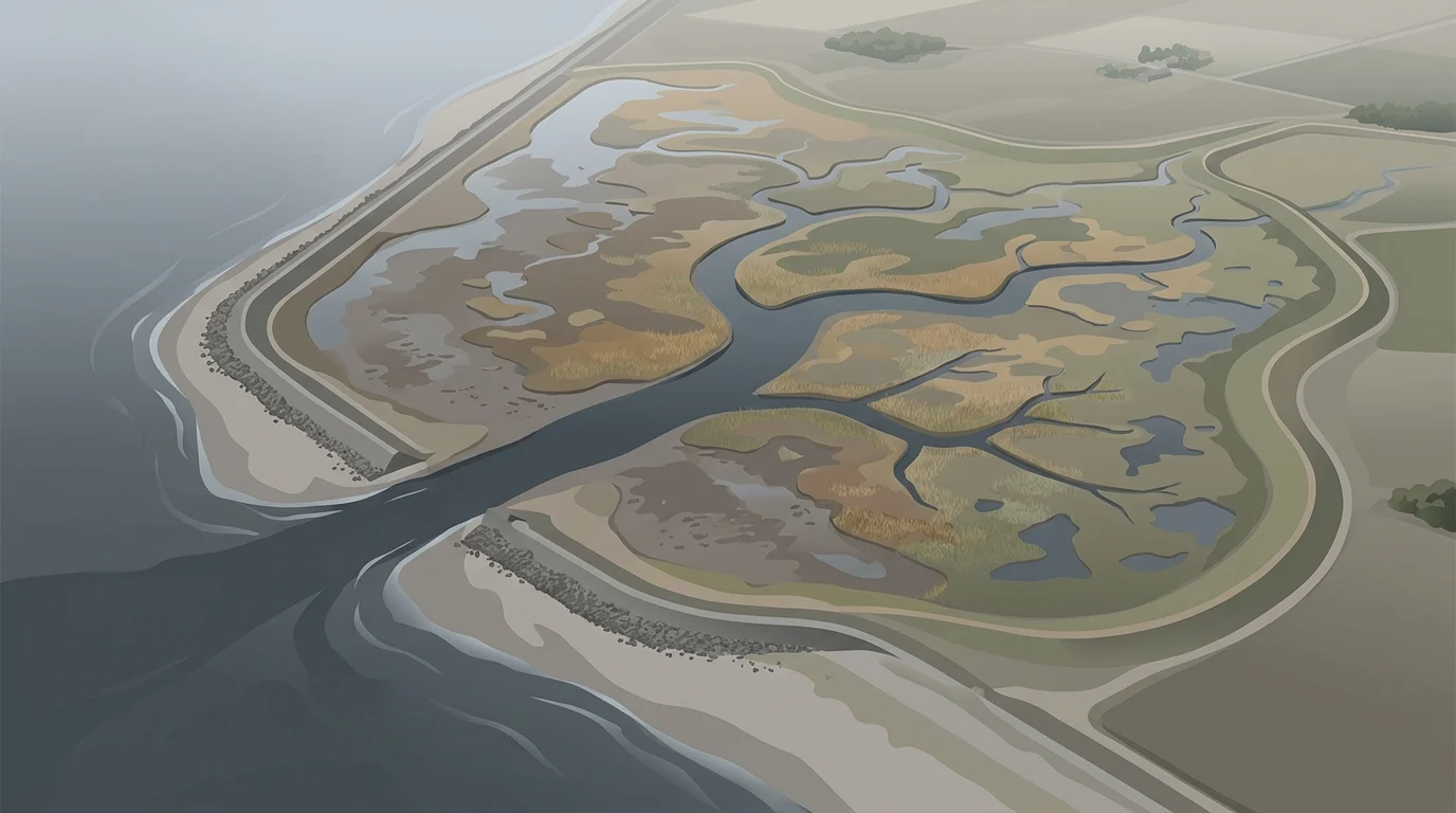 Aerial conceptual illustration showing the intersection of sea water and reclaimed marshland.