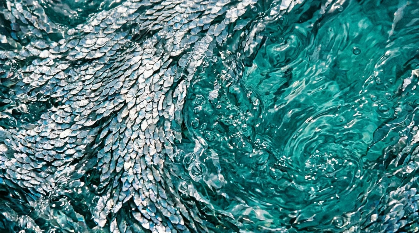 Abstract close-up of shimmering silver and blue water patterns.
