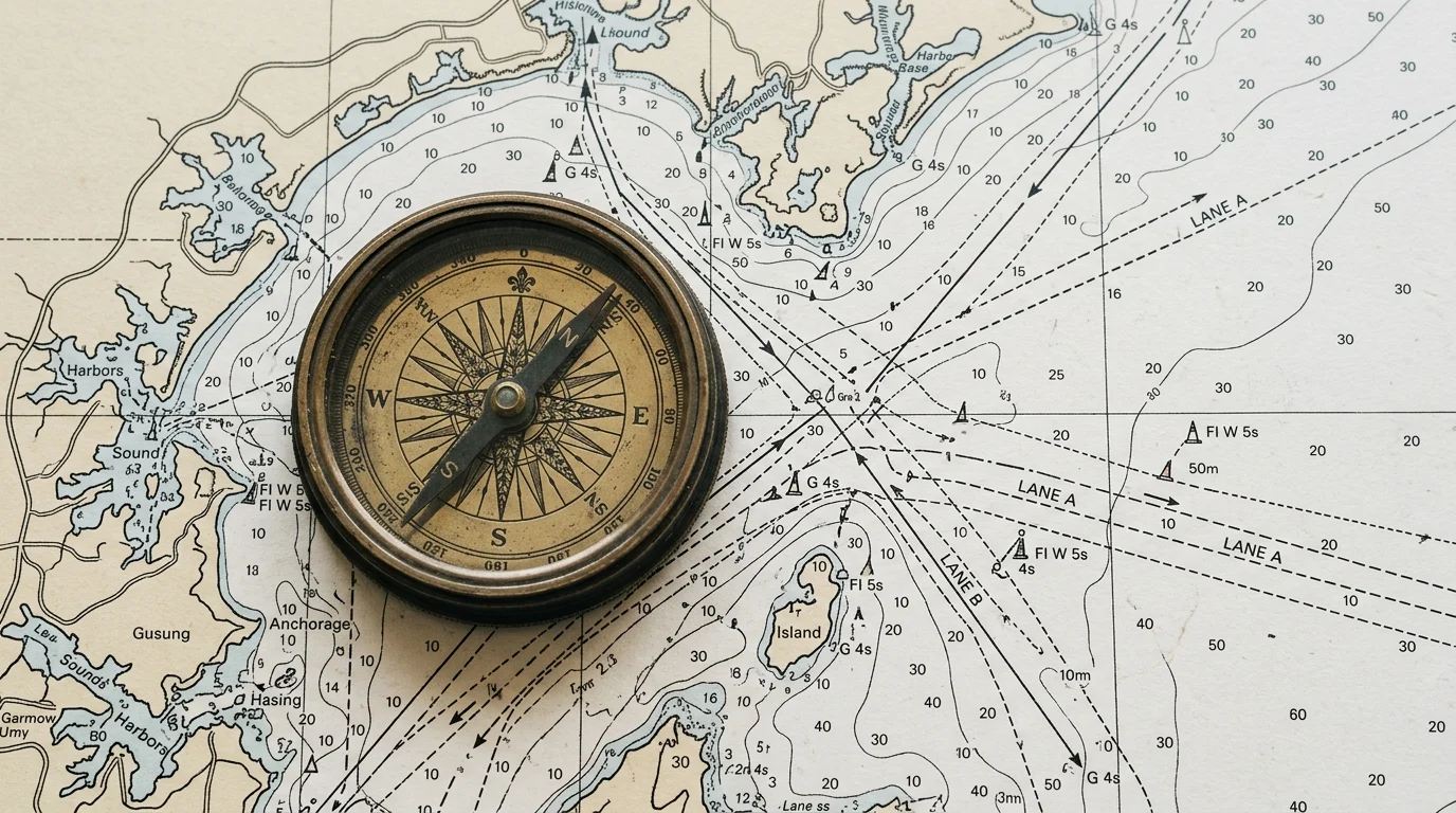A close-up of a compass and nautical chart.