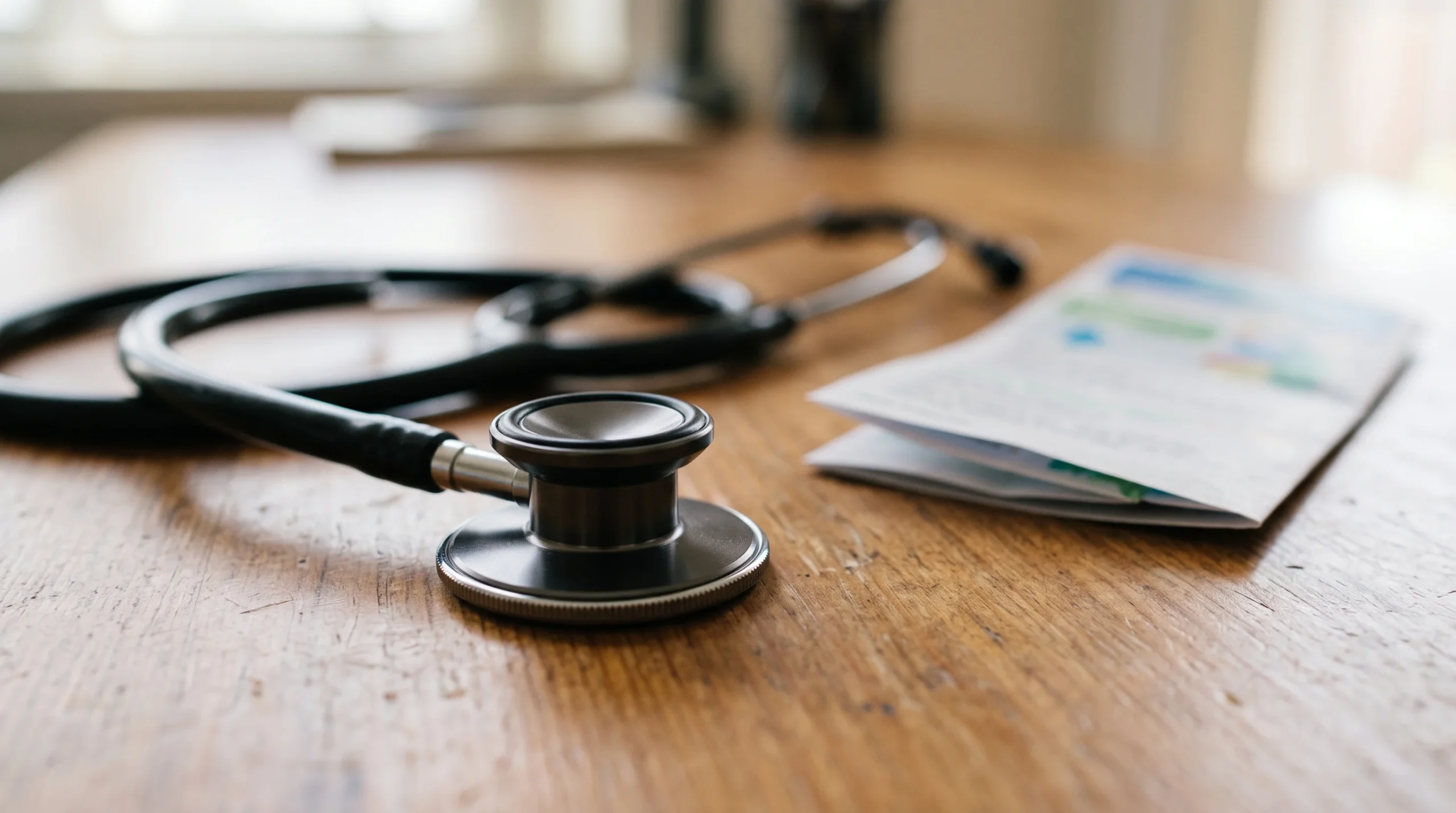 A stethoscope resting on a desk in a healthcare setting.