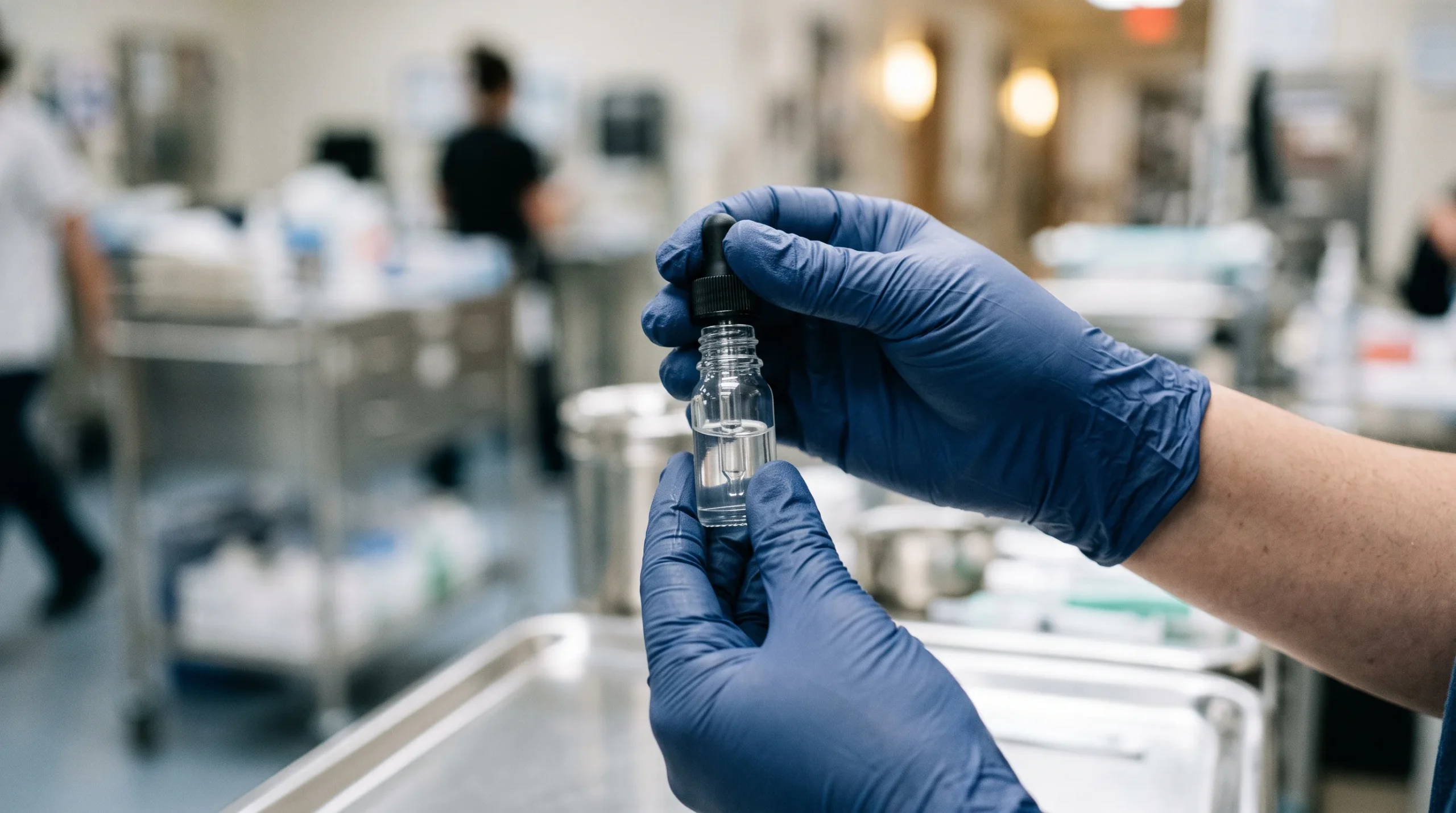 A close-up of a medical professional holding a small dropper bottle in a clinical setting.