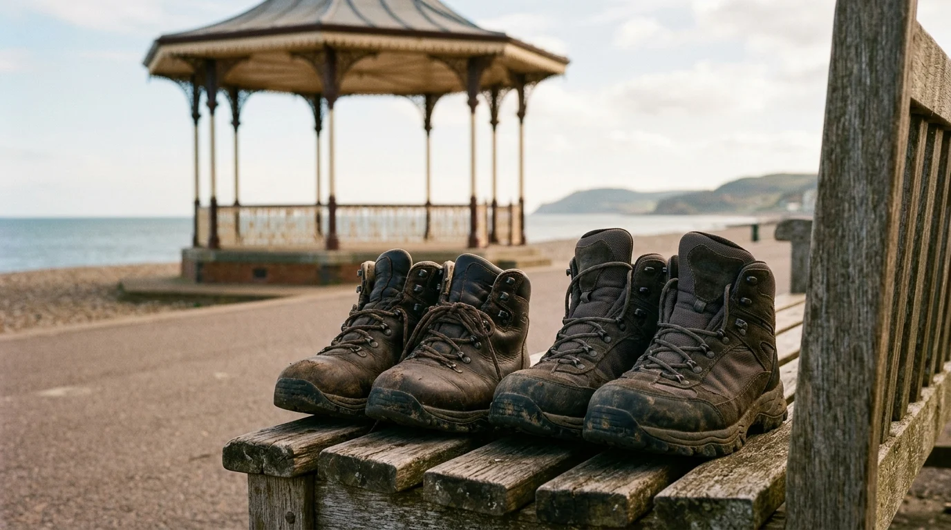 Walking boots on a bench representing peer support.