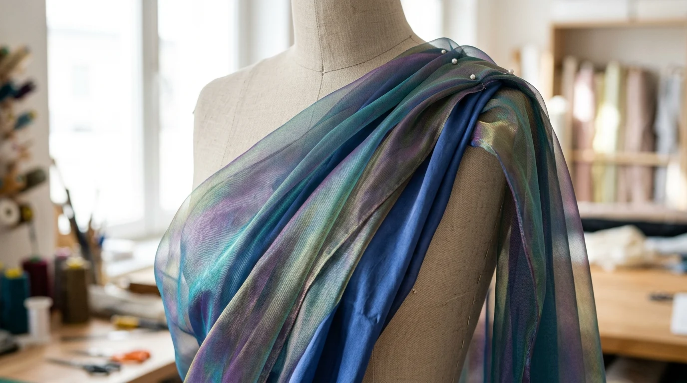 Close up of iridescent fabrics on a mannequin.