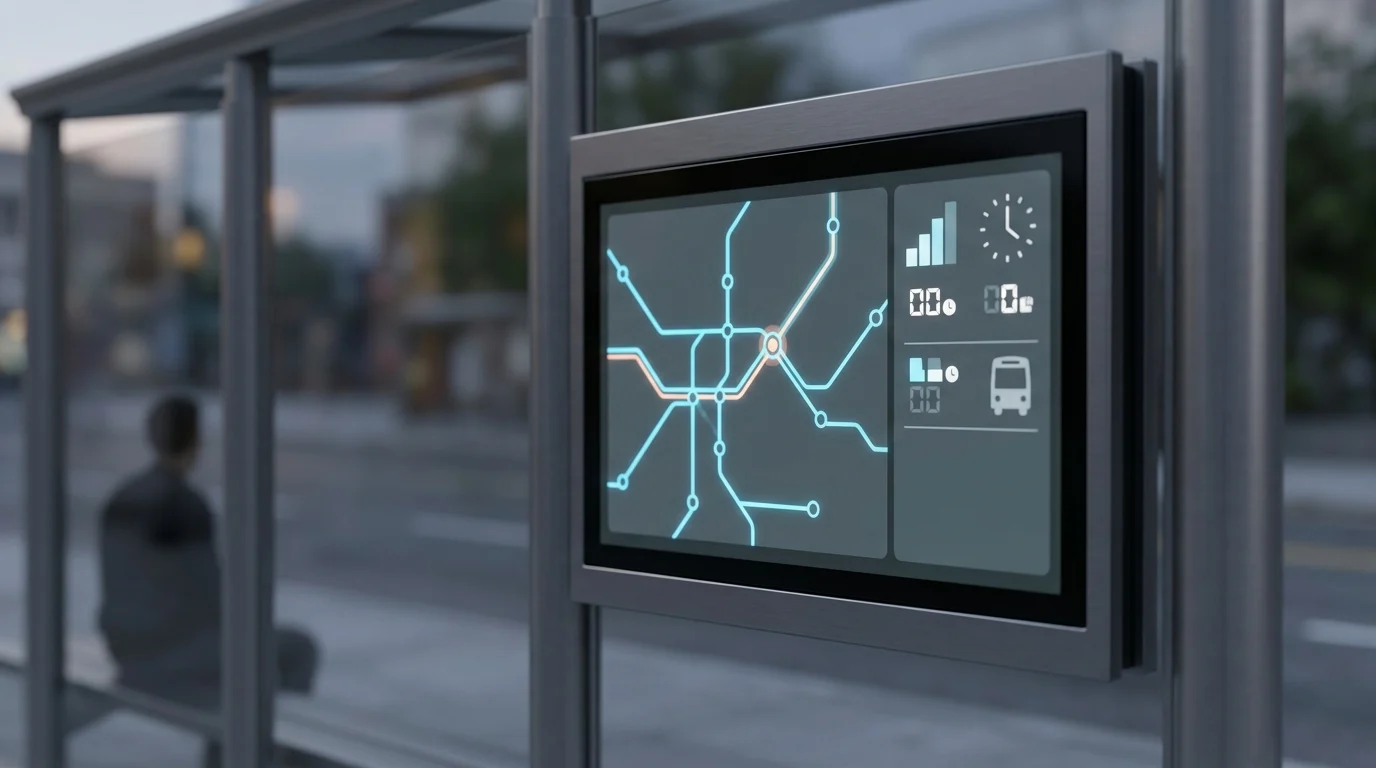 A digital route map display at a modern bus stop.