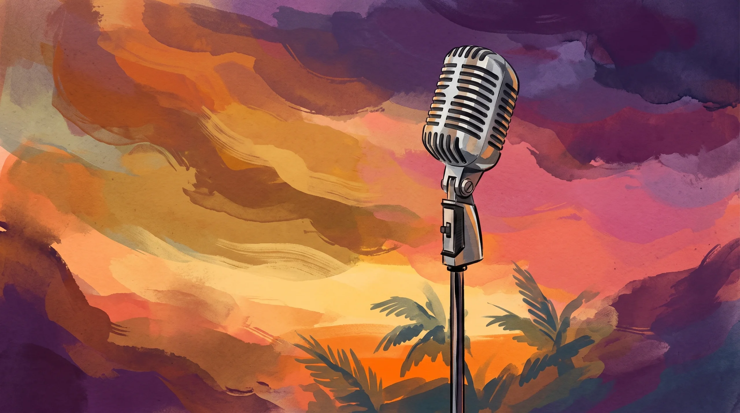 A vintage microphone on a stand against an abstract sunset-coloured background.