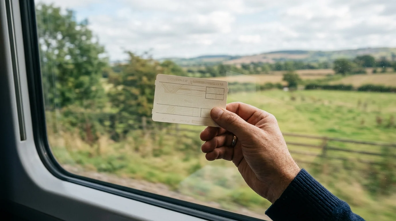 A conceptual image of a train ticket held against a blurred window view.