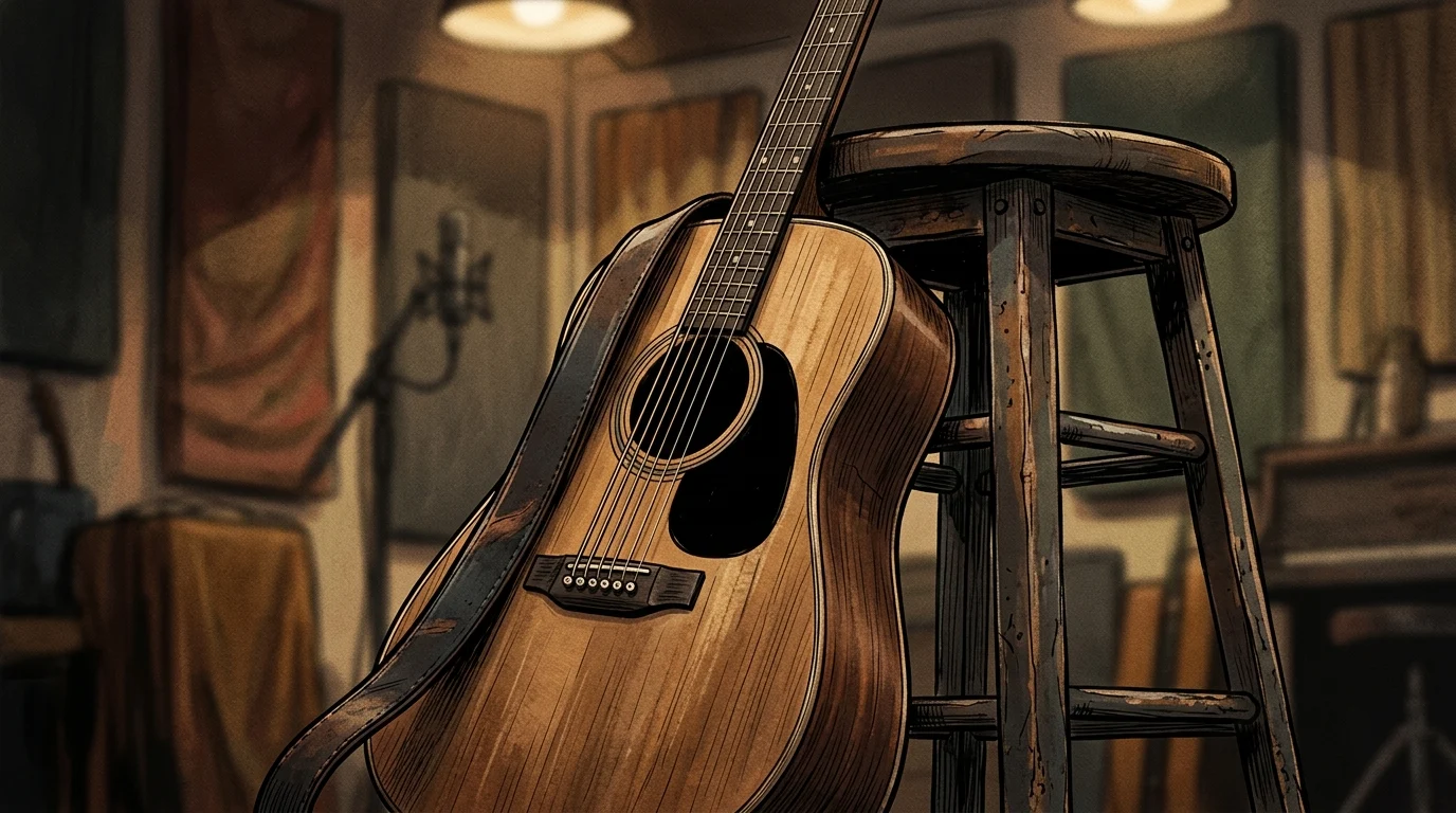 Conceptual illustration of an acoustic guitar in a studio.