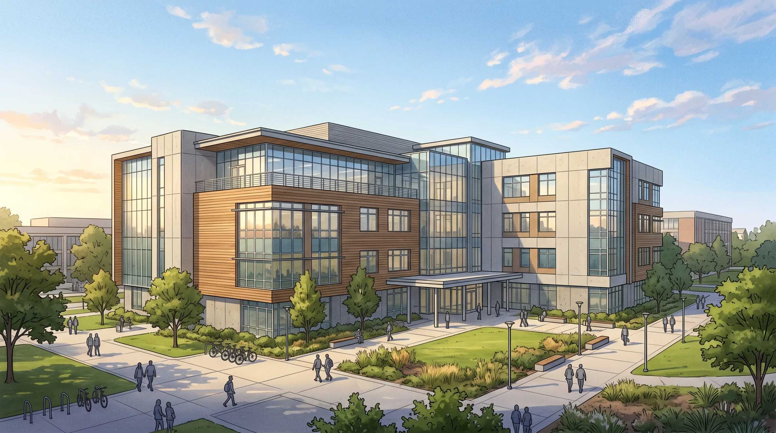 A conceptual illustration of a modern college campus building.