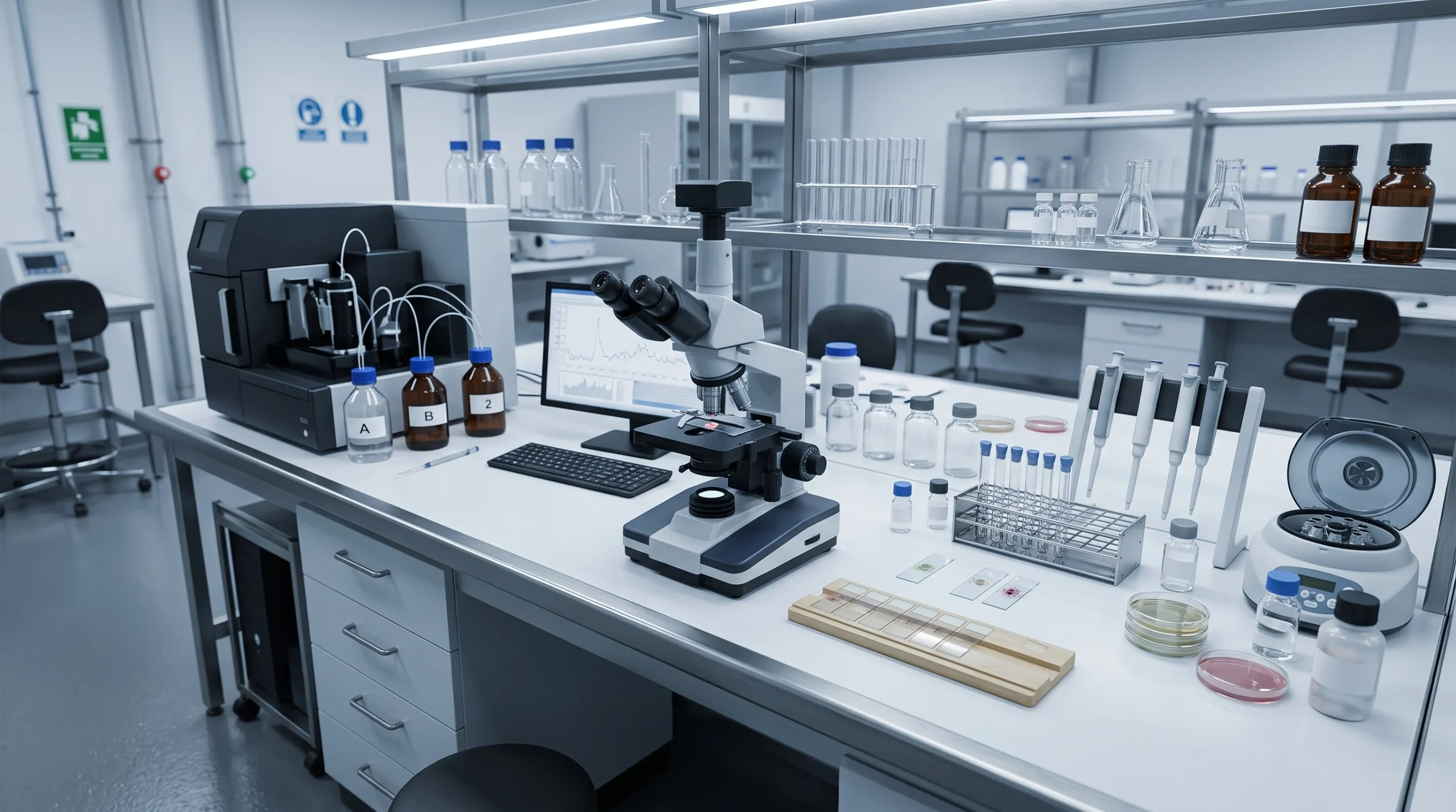 A clean, modern laboratory workbench with unbranded scientific glassware.