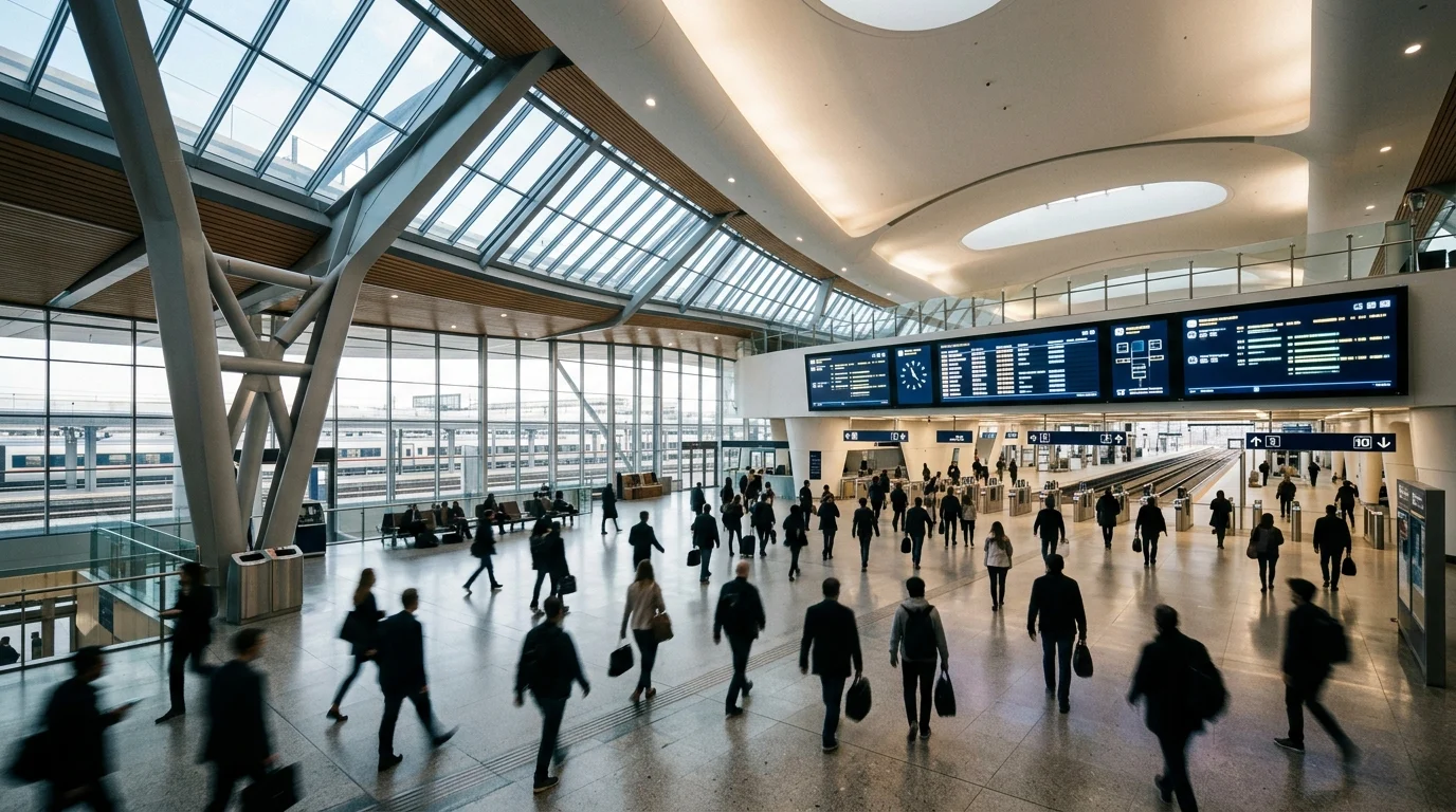 A modern railway station concourse with commuters.