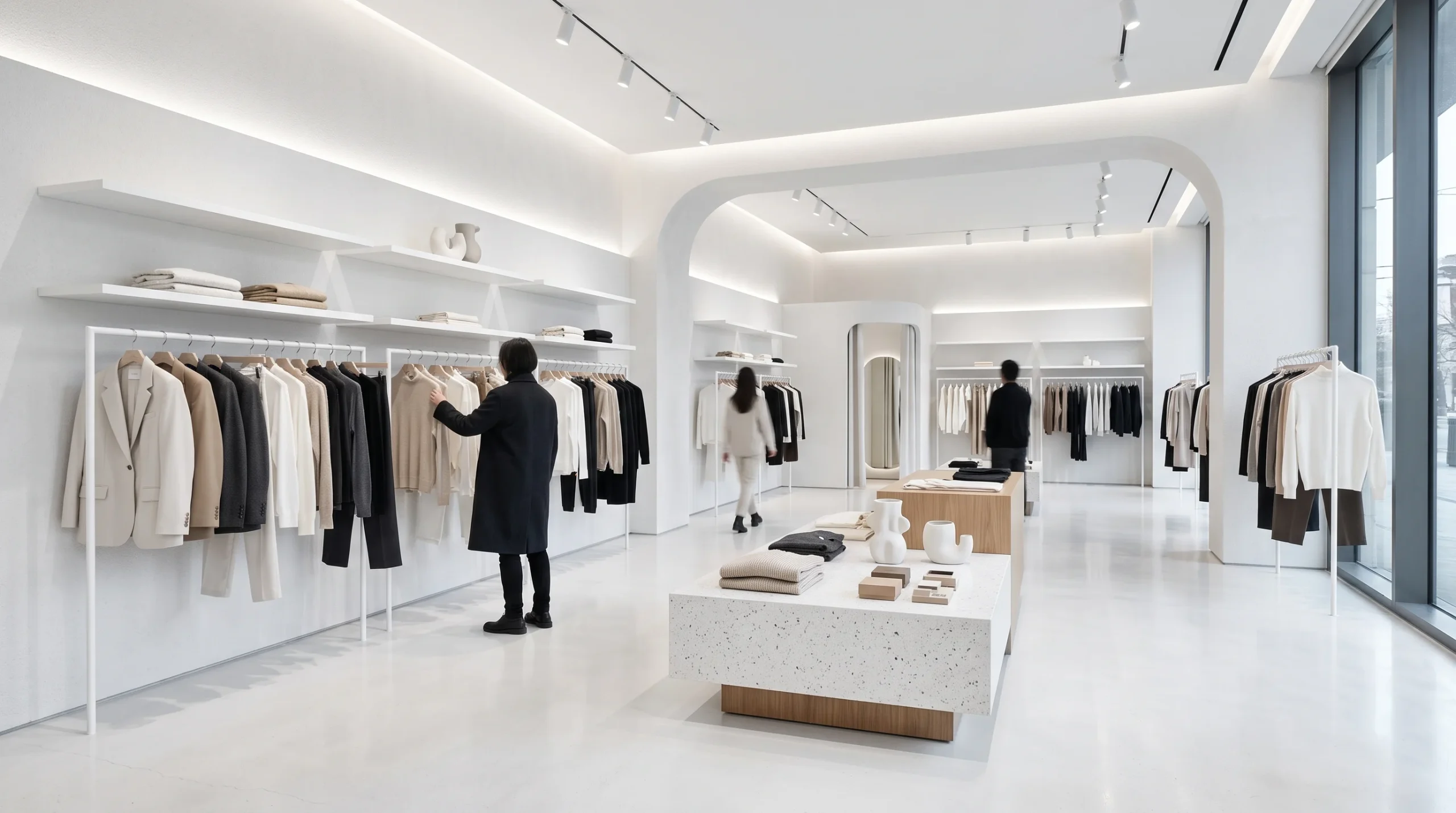 A clean, modern fashion retail interior with minimalist clothing displays.