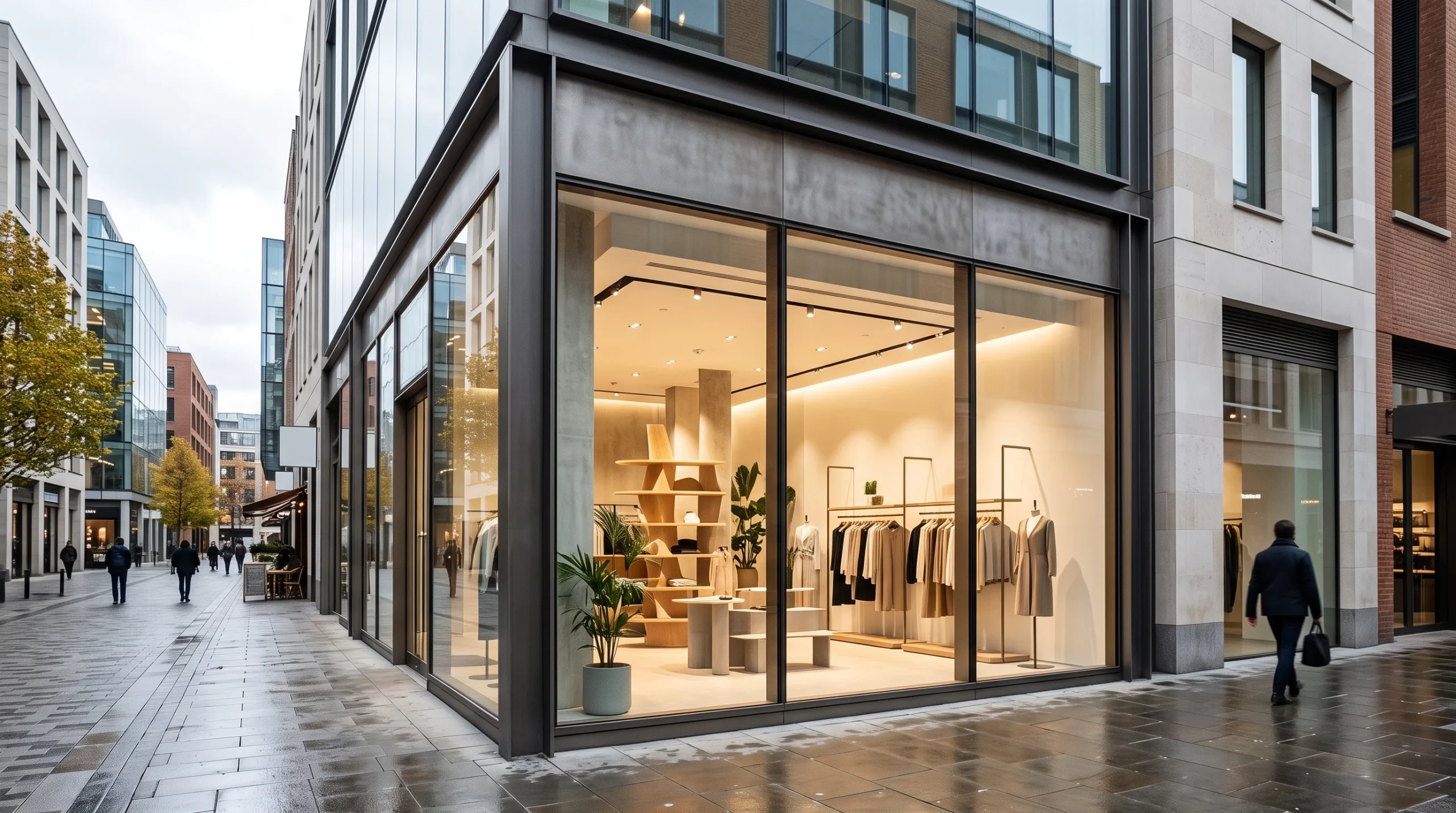 A modern minimalist retail storefront in a city shopping district.
