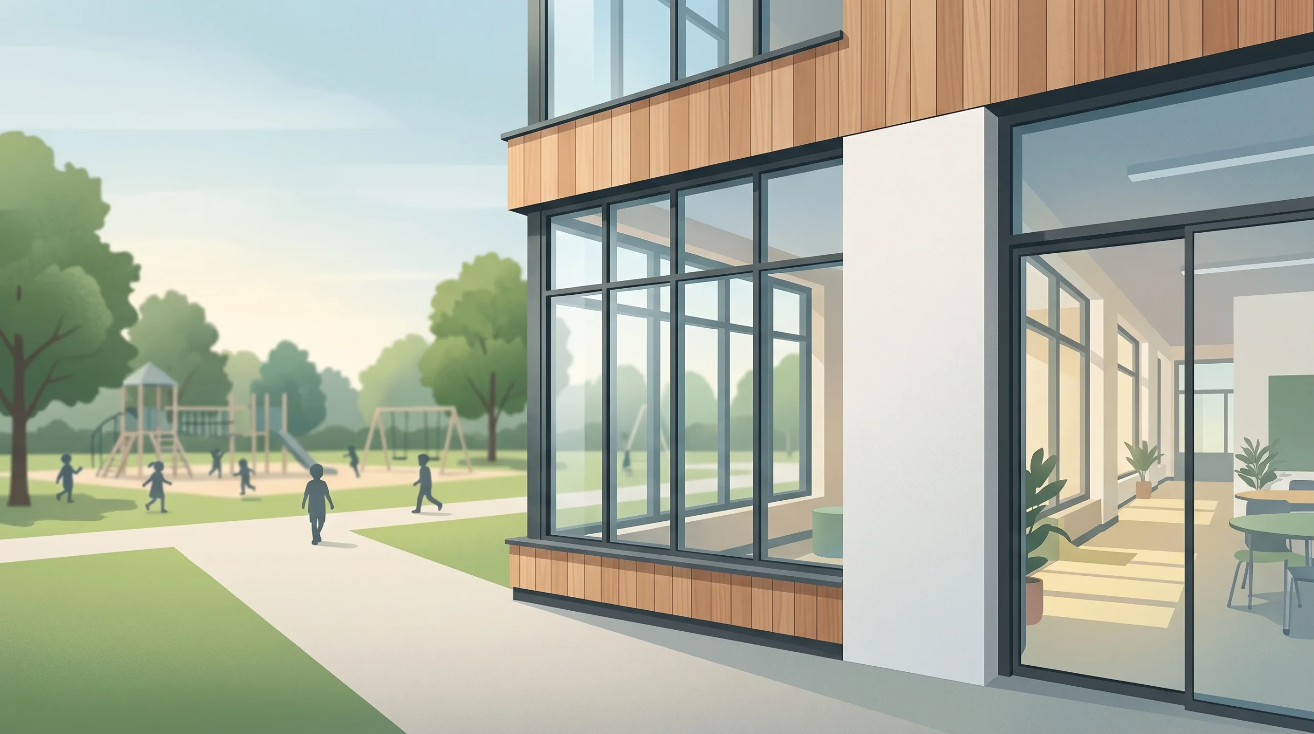 A close-up of a modern, refurbished school building façade and windows.