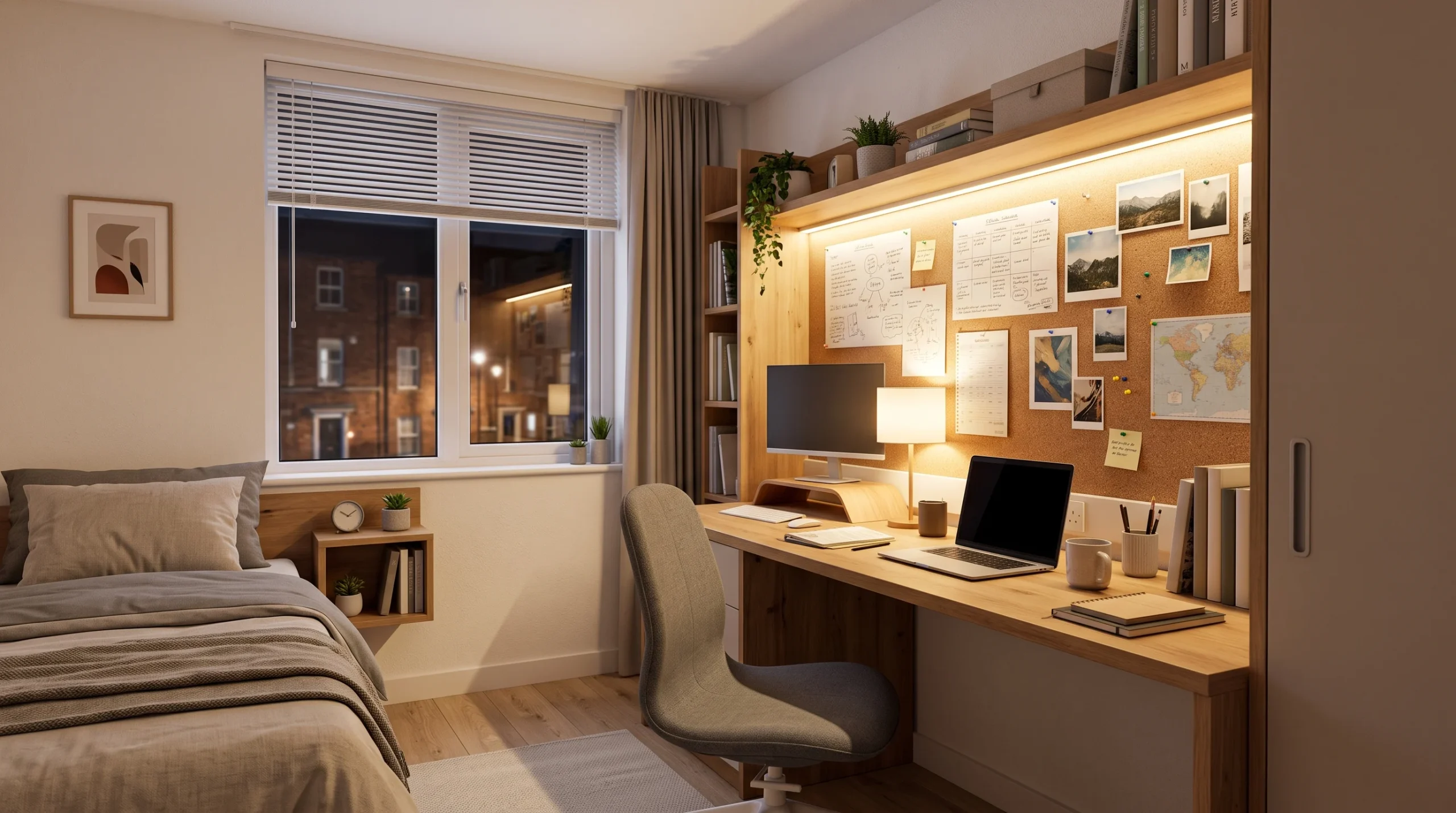 A modern student study bedroom with neutral decor and soft LED lighting.