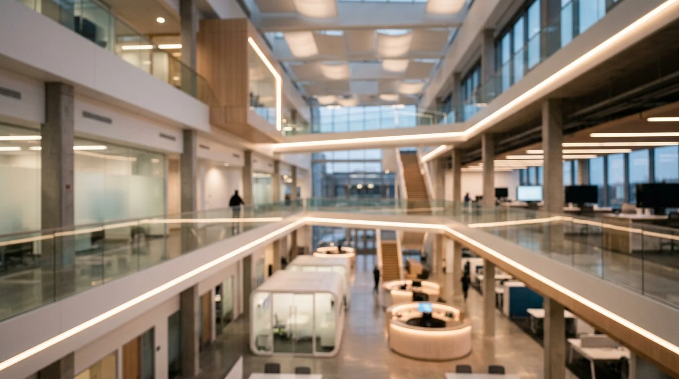 A blurred conceptual view of a modern technical education setting.