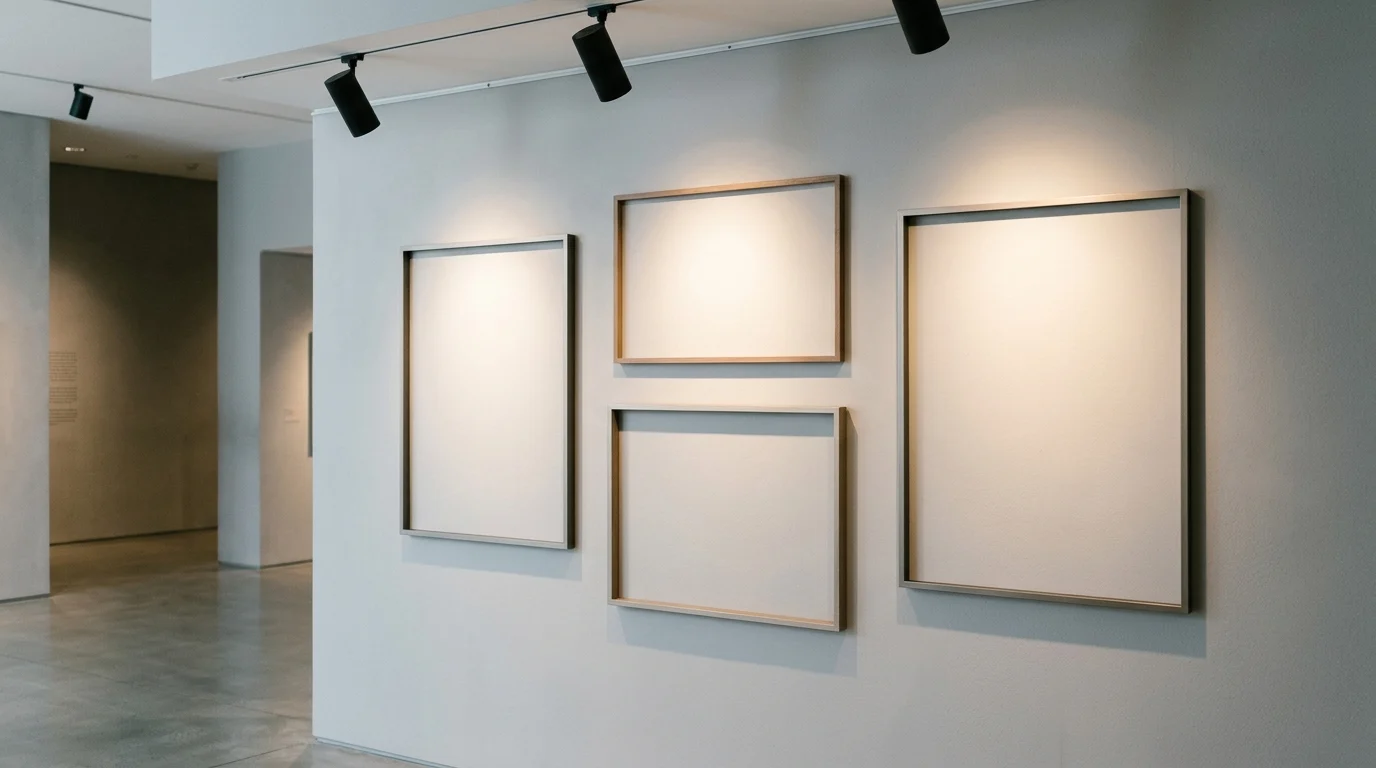 An abstract view of a gallery space with spotlighting on the walls.
