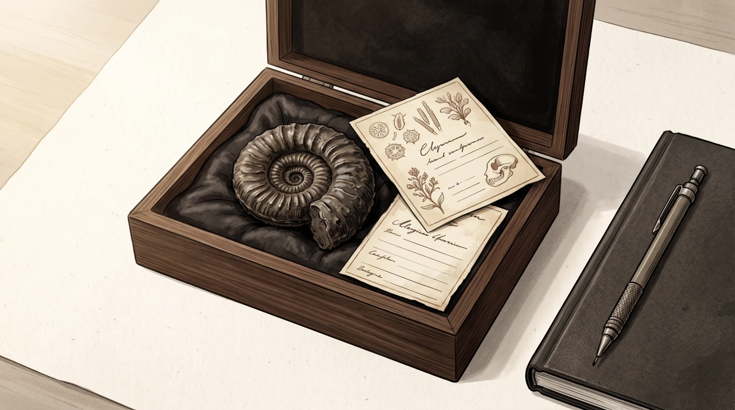 An editorial illustration of a fossil and specimen box prepared for study.