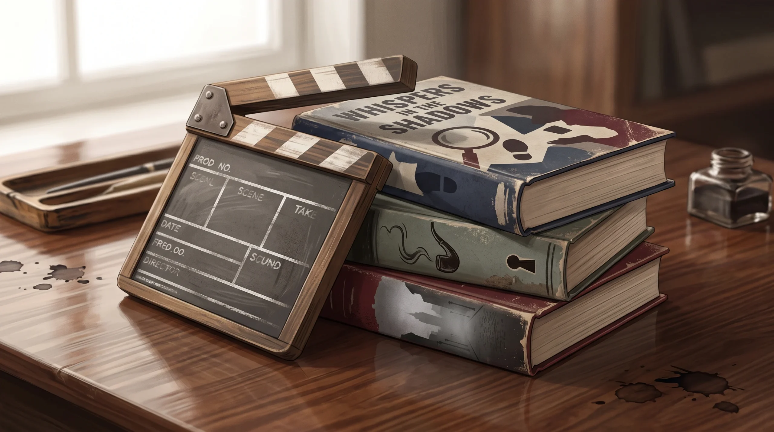 Conceptual illustration of a film clapperboard and mystery novels.