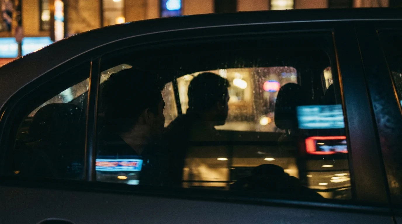 Graphic representation of three people in a vehicle at night.