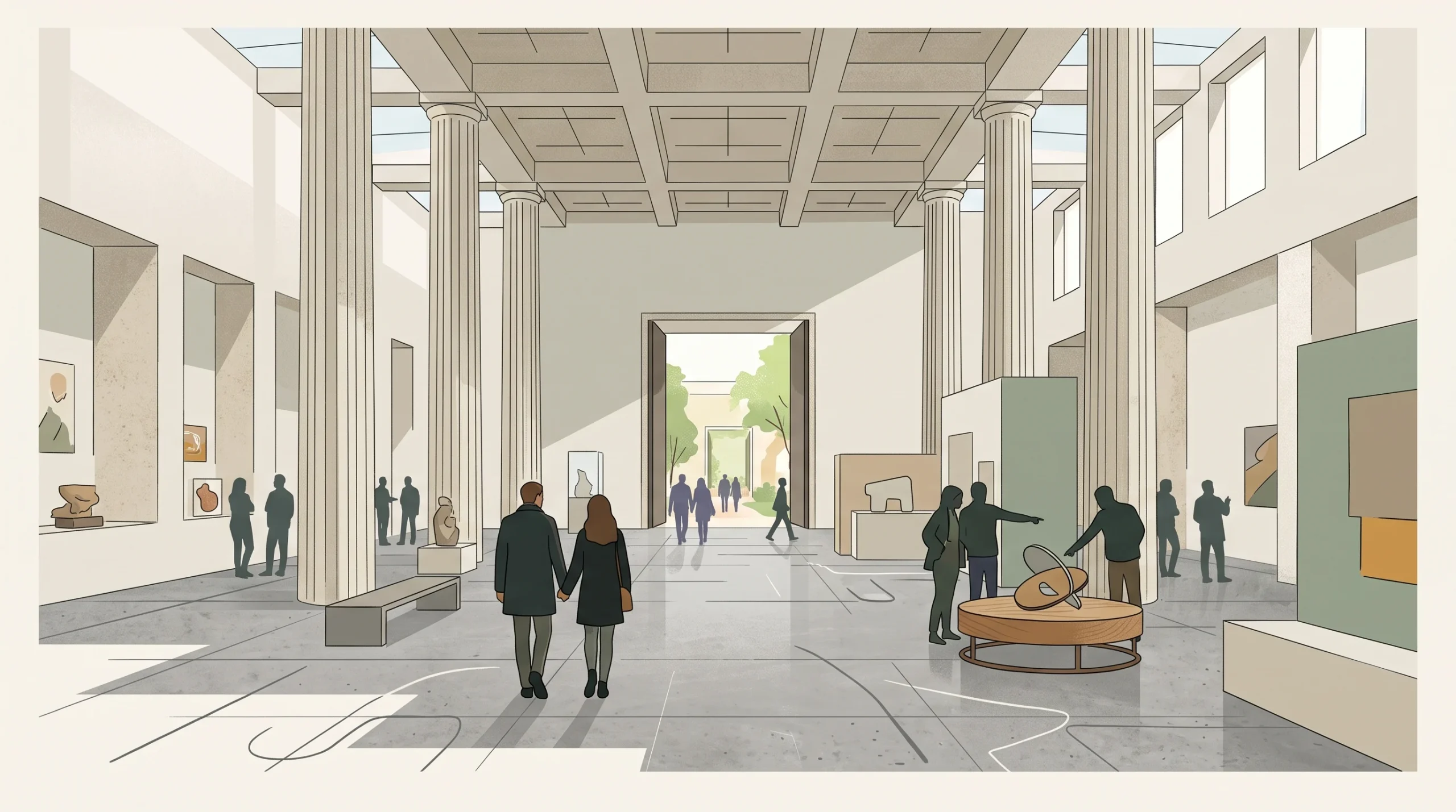 A conceptual illustration of a museum interior with grand stone architecture and an open entrance.