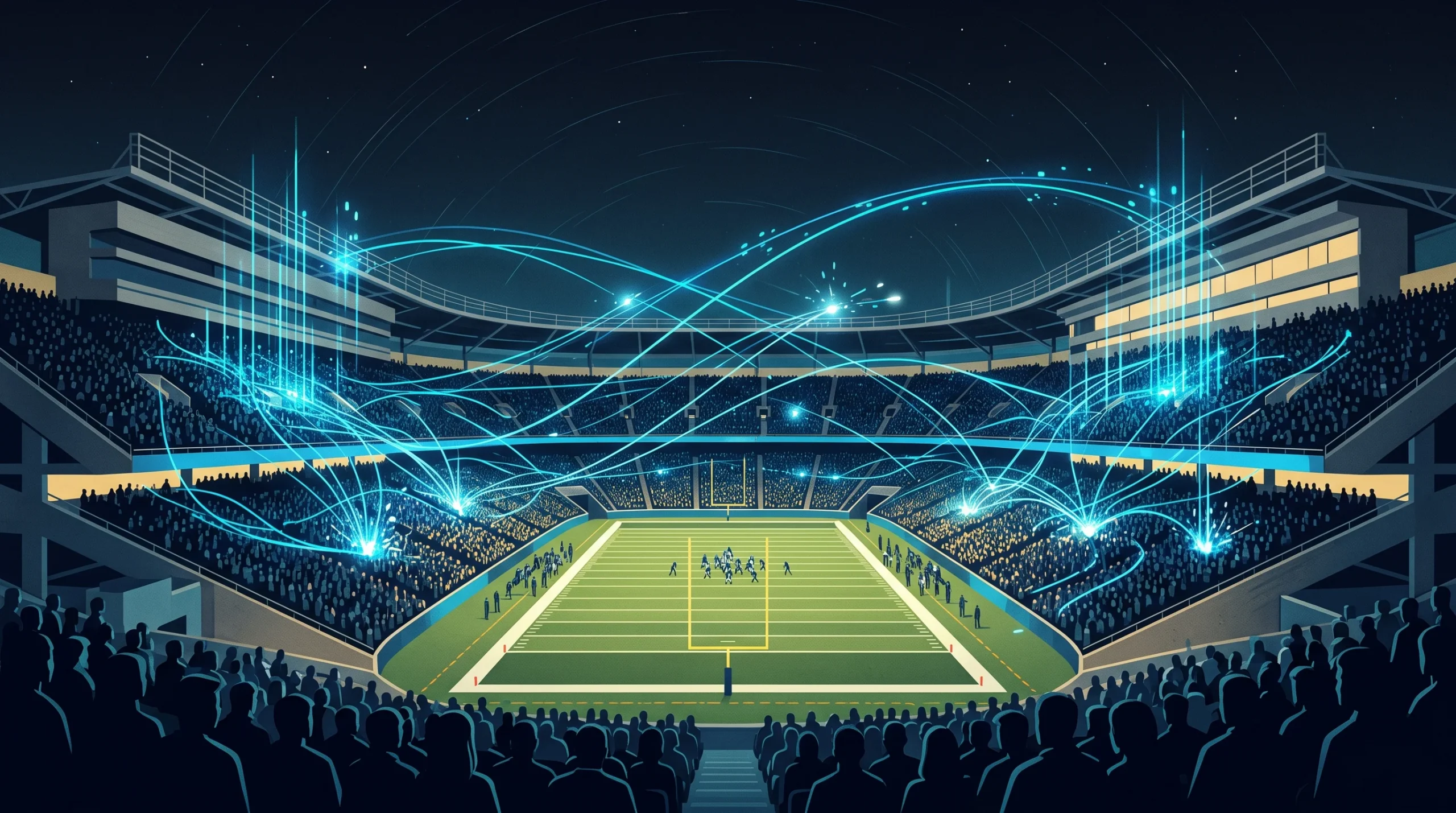 A conceptual illustration of a floodlit stadium with digital data lines.