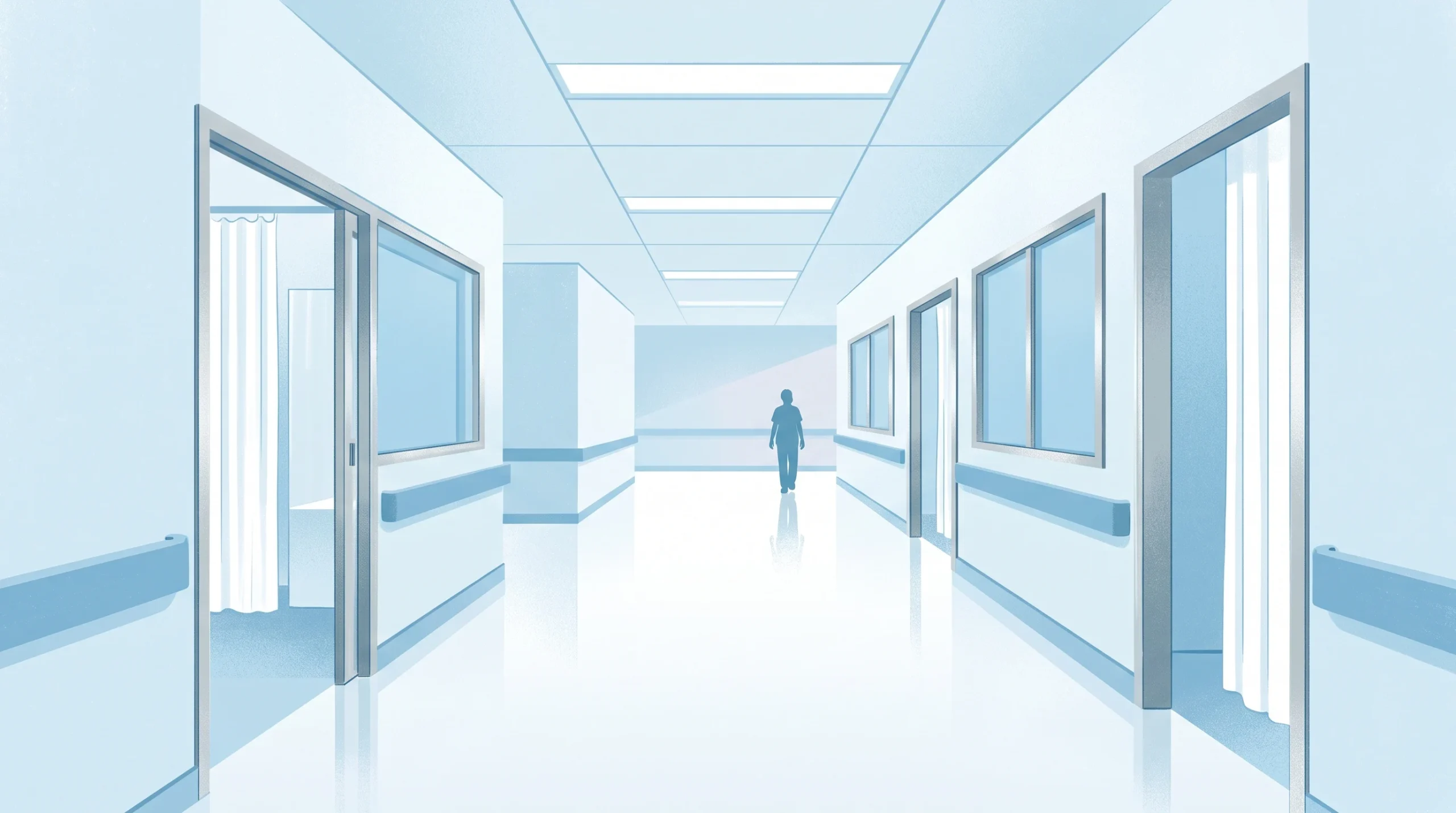 A minimalist conceptual illustration of a clinical hospital corridor.