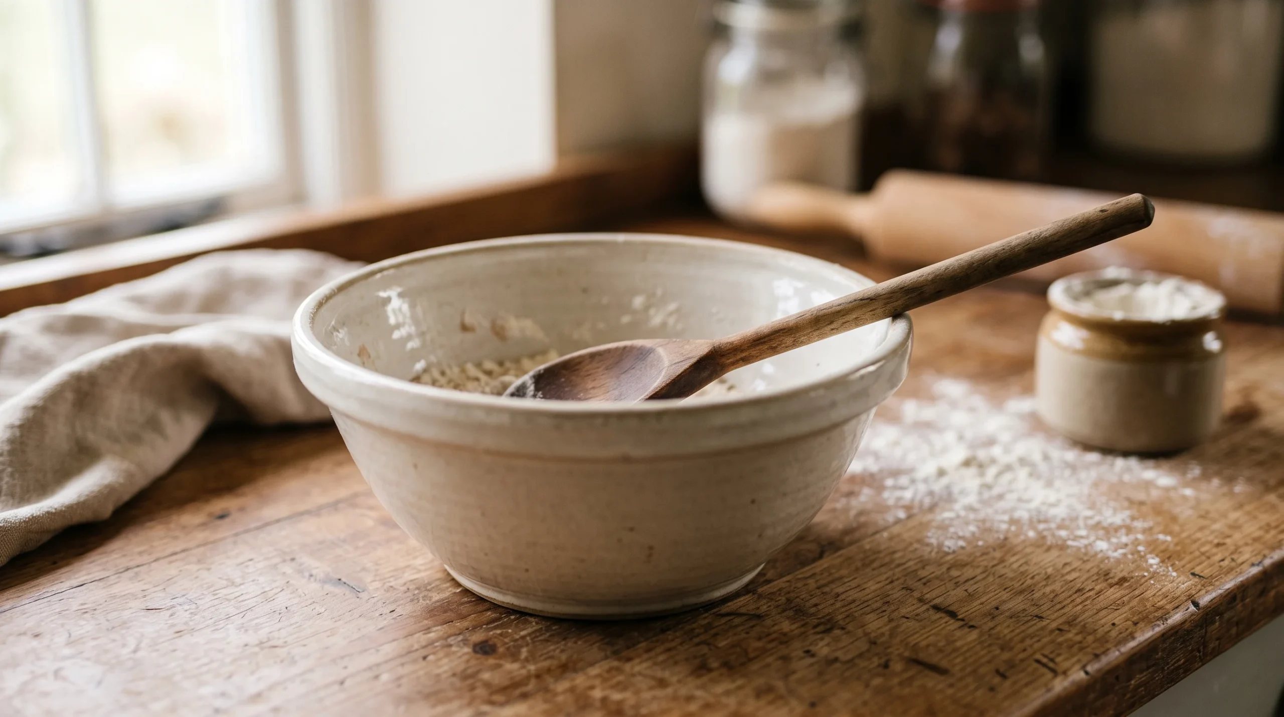 A ceramic mixing bowl and wooden spoon on a kitchen counter.