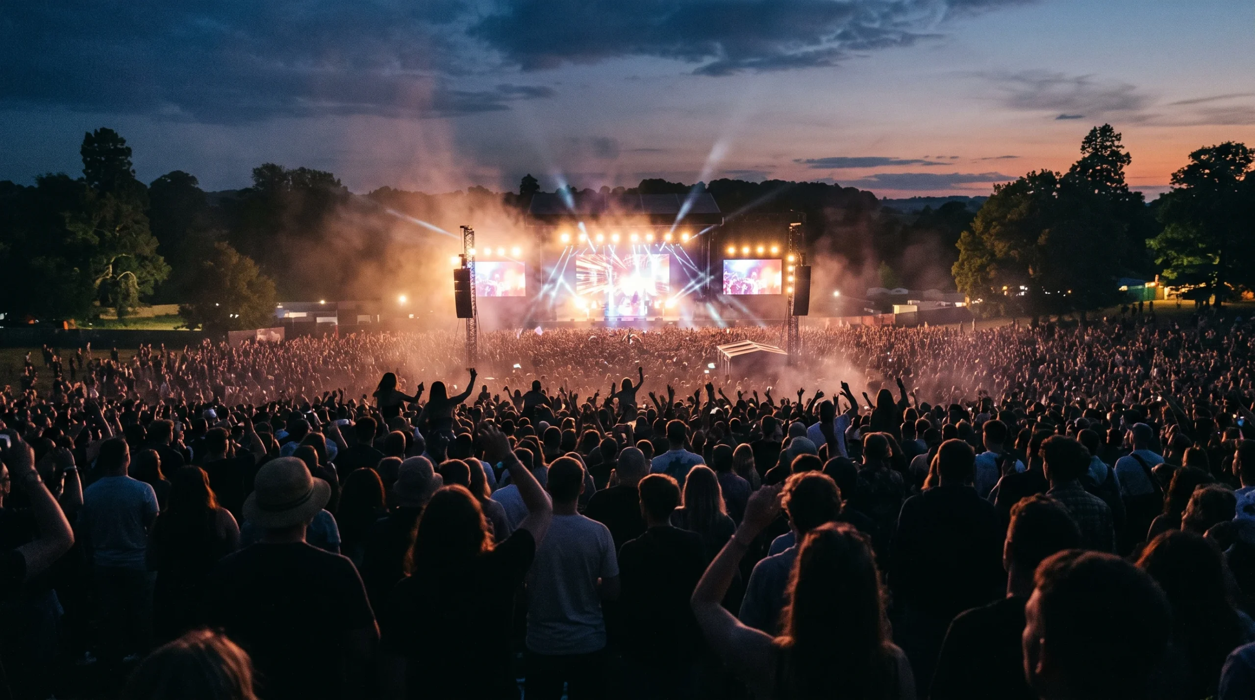 A conceptual illustration of a large outdoor concert crowd silhouetted against stage lights.