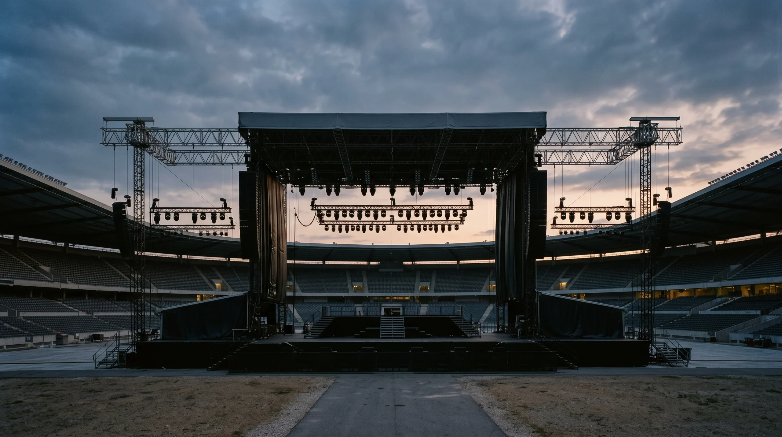 A large outdoor concert stage with lighting rigs at dusk.