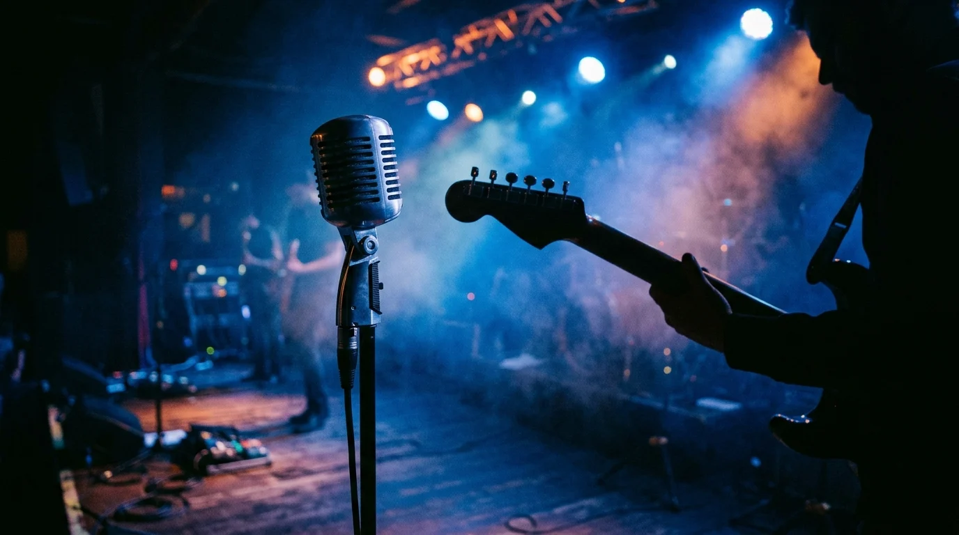 Conceptual music stage with microphone and guitar.